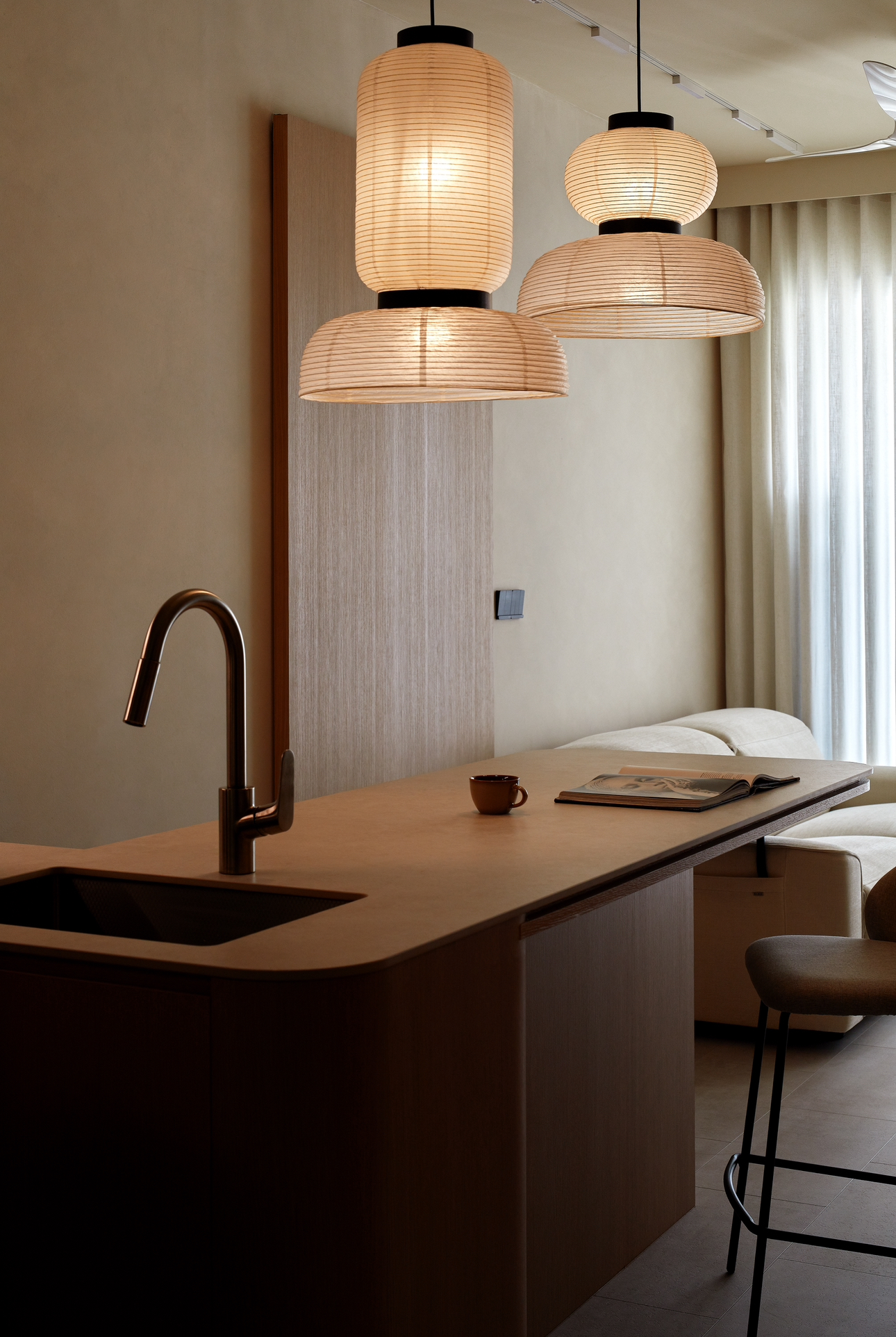 Dining area: A Ryokan inspired space where we work, dine and chill  - modern kitchen, minimalist design, warm lighting