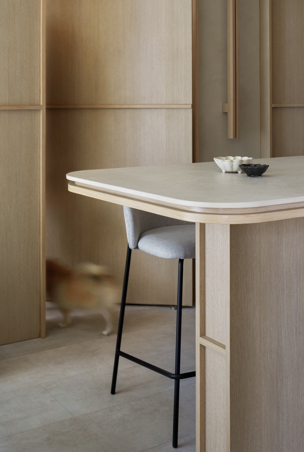 Dining area: A Ryokan inspired space where we work, dine and chill  - Wooden kitchen cabinetry, minimalist design, light