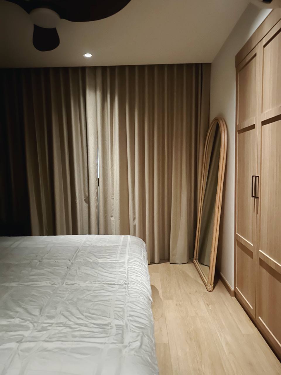 Master Bedroom - Calm Vibes & Space Optimisation - Wooden floor, beige curtains, wooden wardrobe, mirror, light-colored