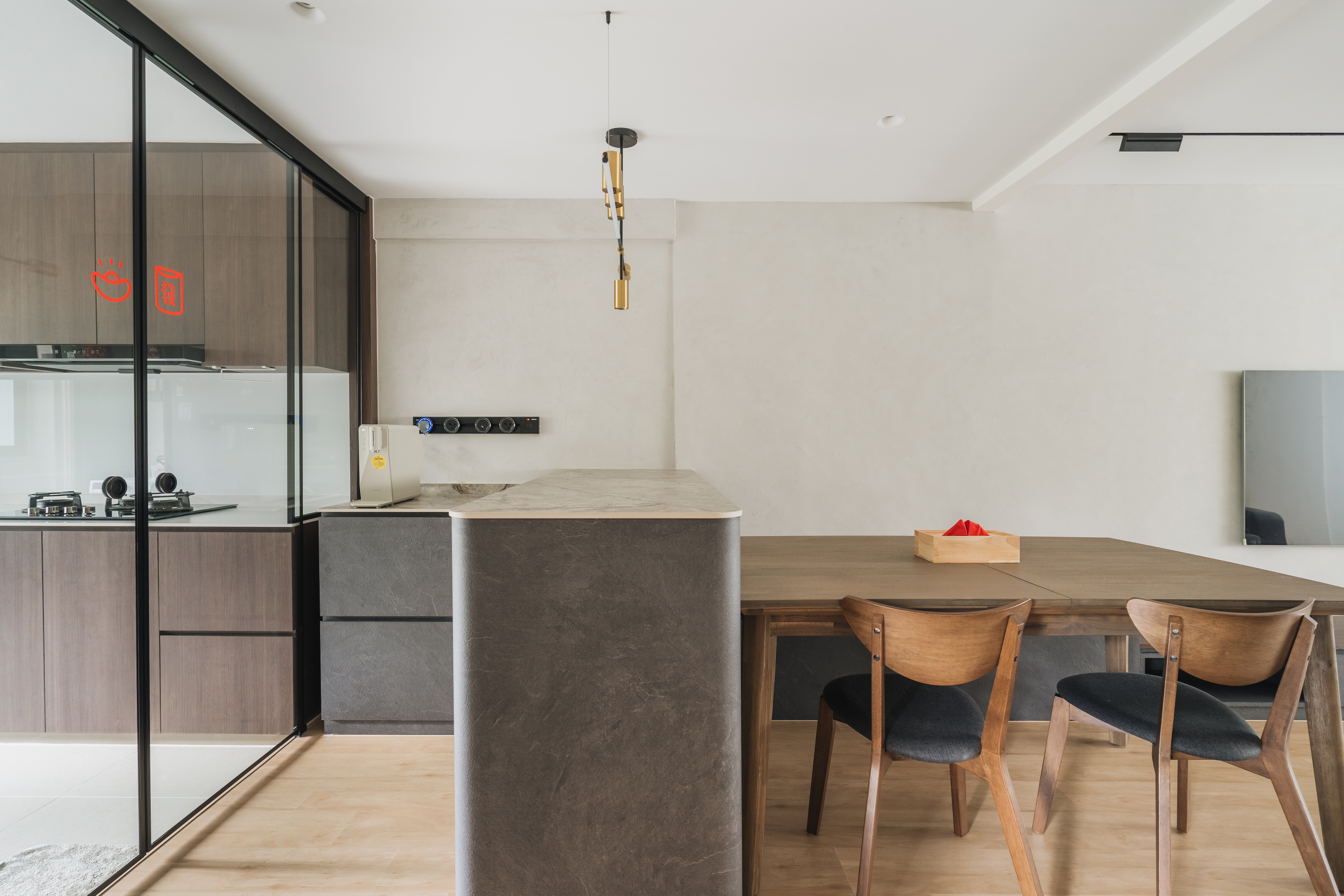 Welcome to our Serangoon Japandi-inspired 4-room haven! - Modern kitchen with sleek design, minimalist decor, large island