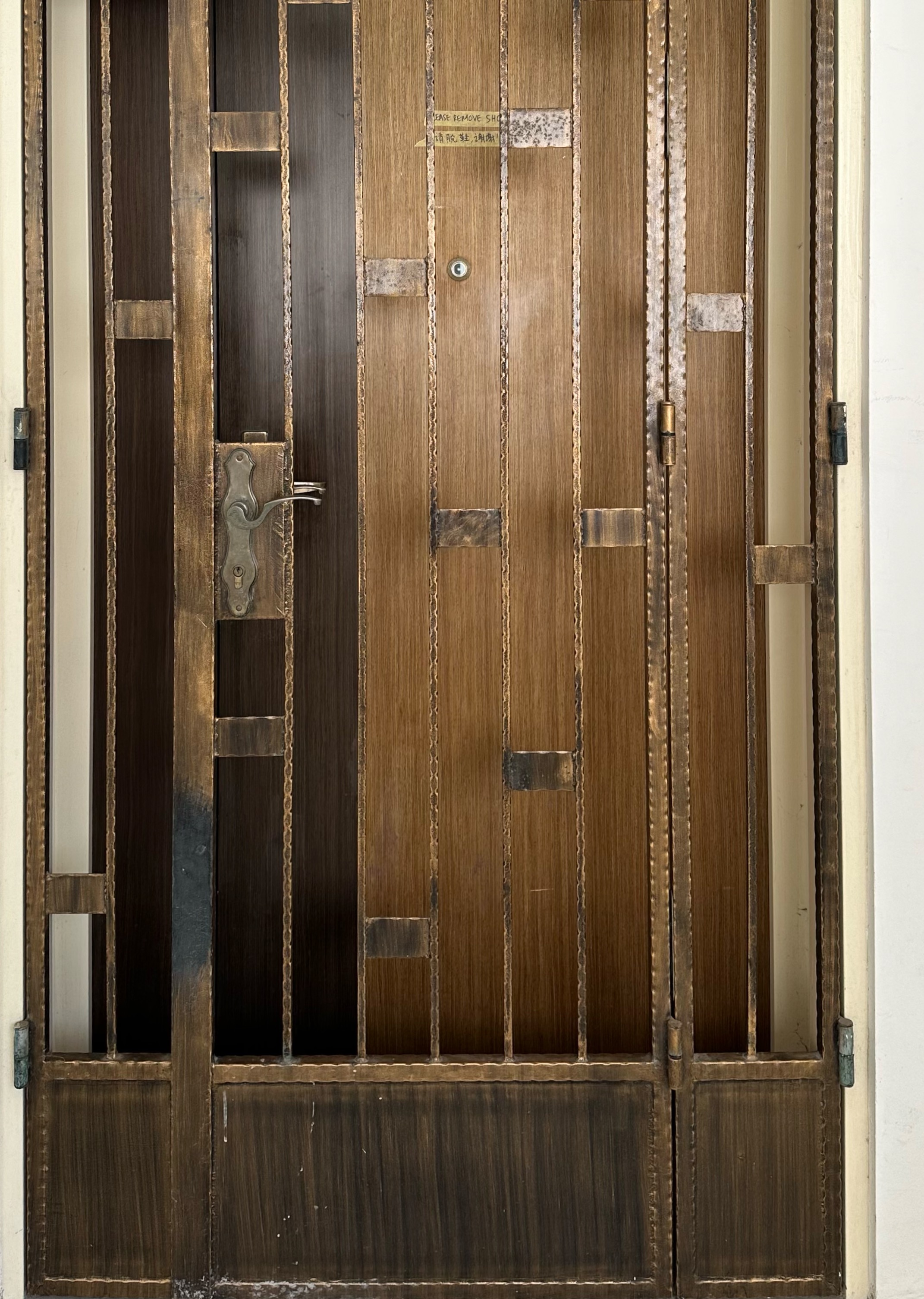 Our renovation journey as 2 "broke" newlyweds - Wooden door with metal hinges and latch, vertical slats, weathered brown