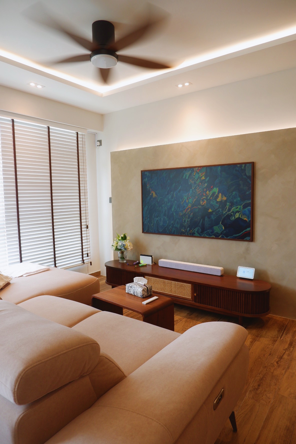 Our renovation journey as 2 "broke" newlyweds - Modern living room with beige sofas, wooden coffee table, floor-to-ceiling