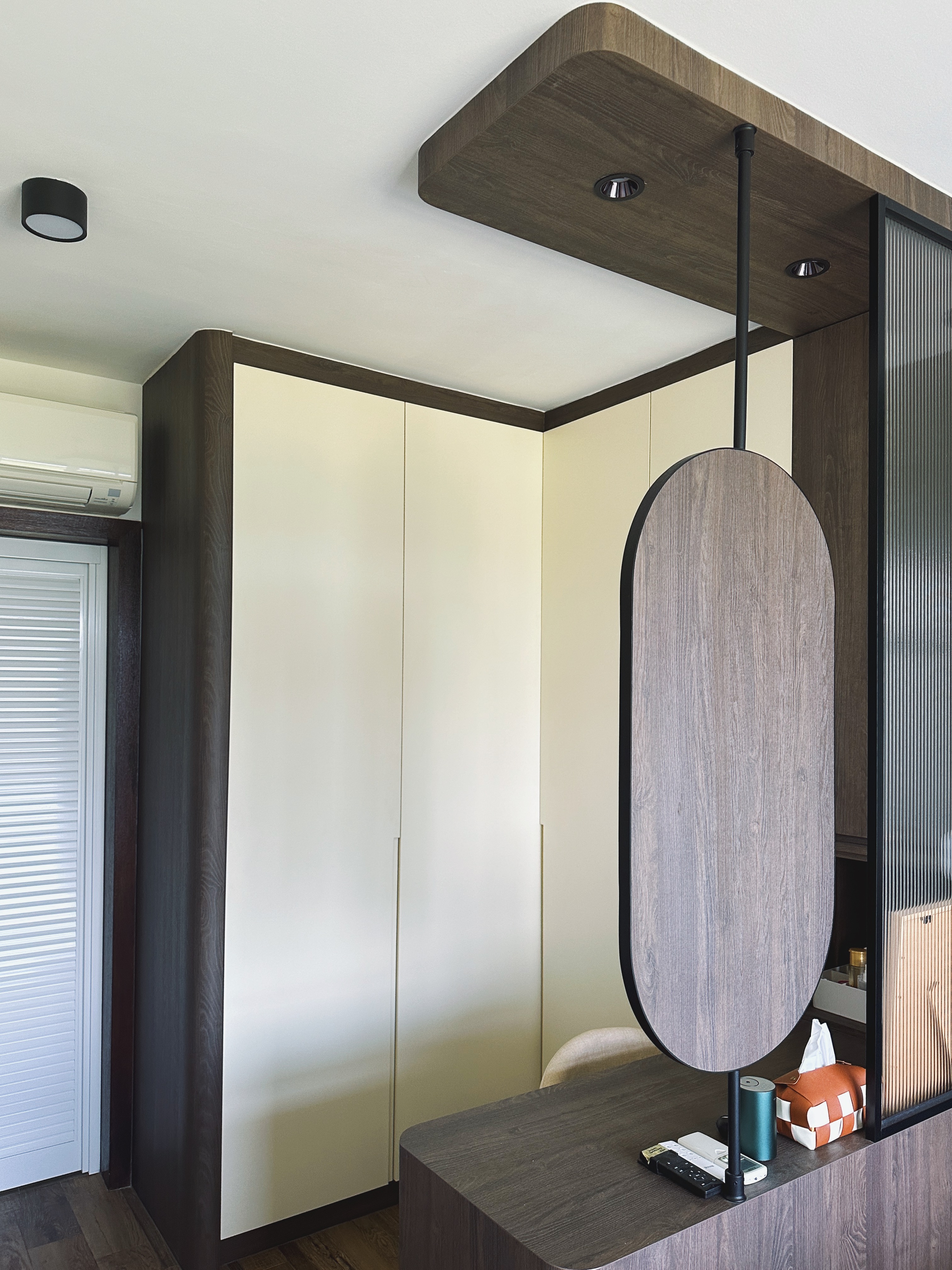 Our renovation journey as 2 "broke" newlyweds - Wooden desk, modern design, minimalist decor, sleek black lamp, white air