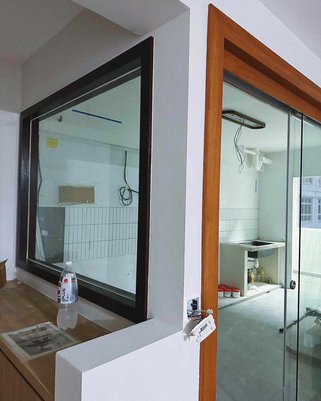 Our renovation journey as 2 "broke" newlyweds - Large mirror, bathroom, glass door, interior view, white tiles, sink