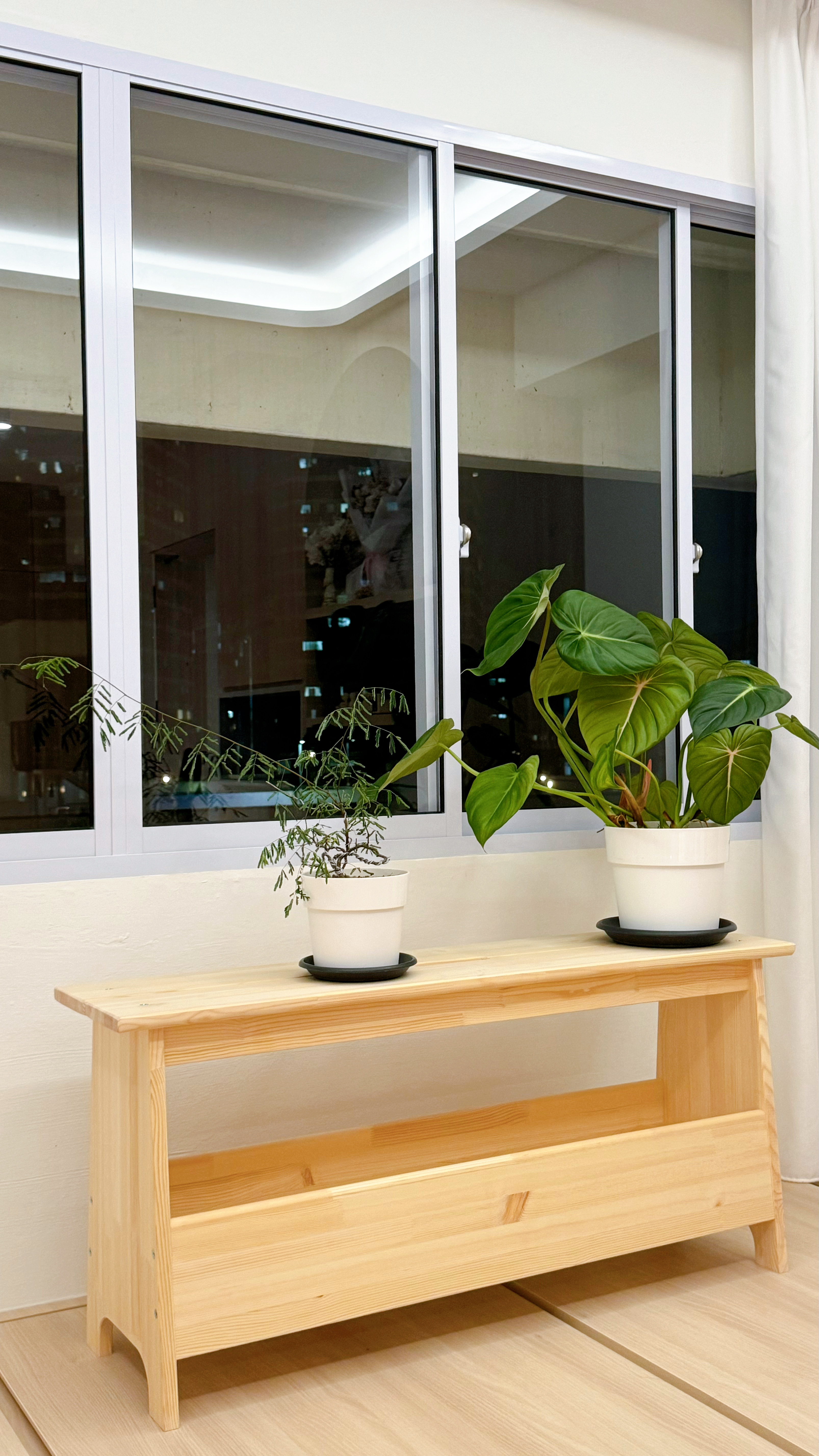 Take a peek at the tofus' tiny plant baby collection 🌱 - Light wooden bench, minimalist design, natural wood finish, light