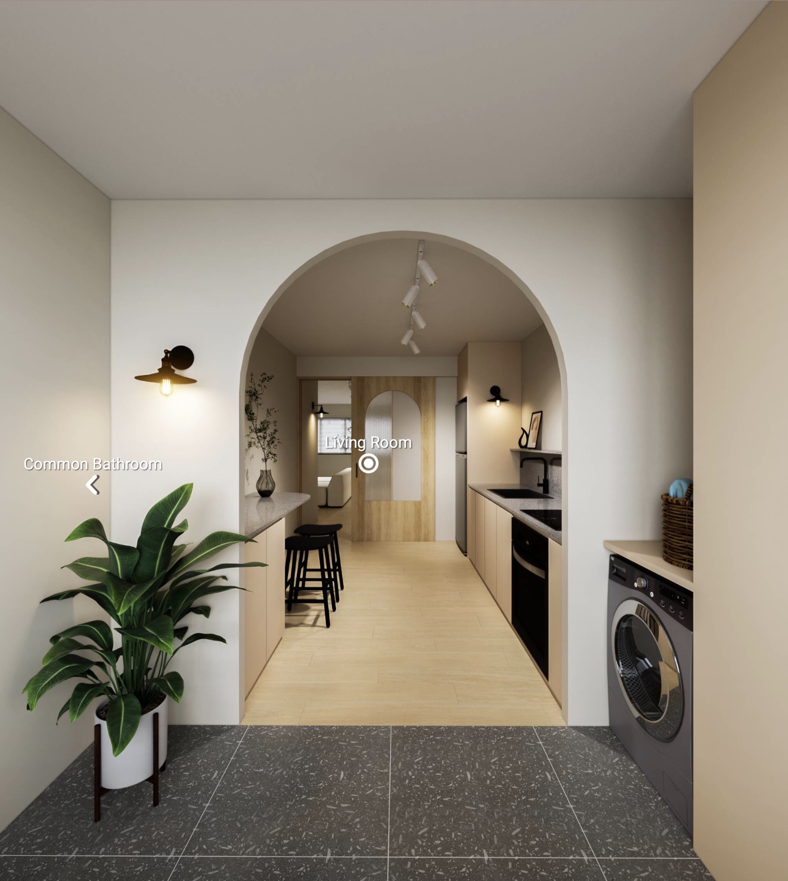 Service Yard: seamless extension of the kitchen - Living Room, Kitchen, Dining Area, Bathroom, Kitchen Island, Dining Table