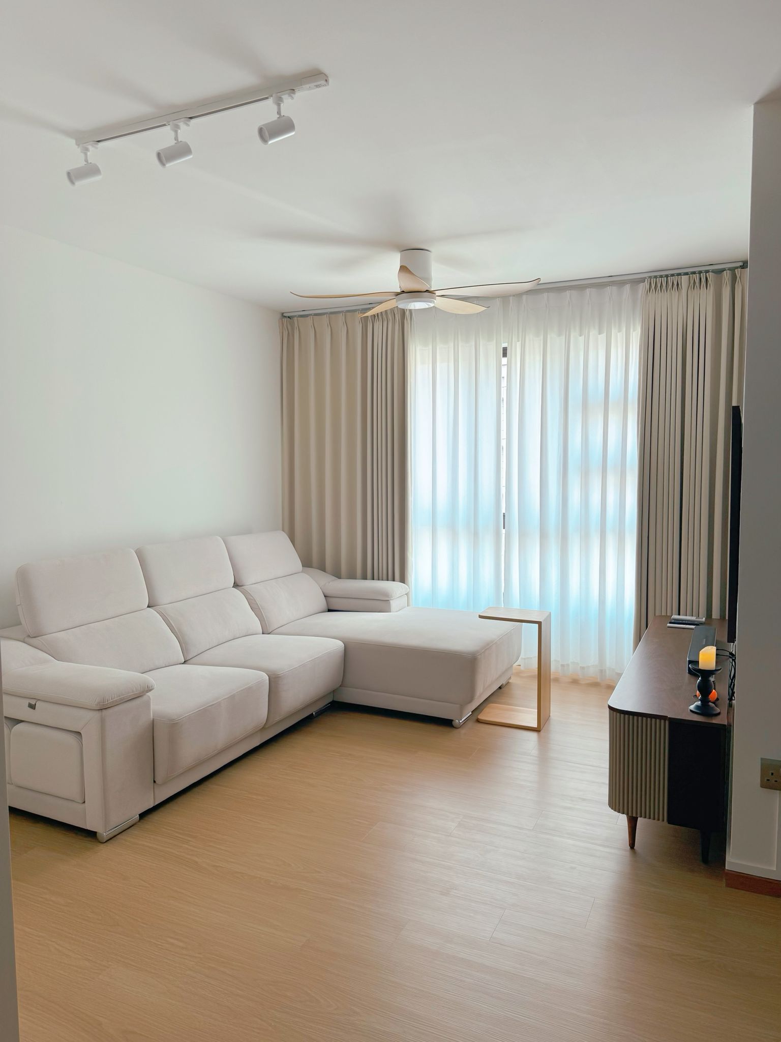 Serenity Living Room: Soft Minimalism Beige Decor  - Modern minimalist living room, spacious room with beige sofa, wooden