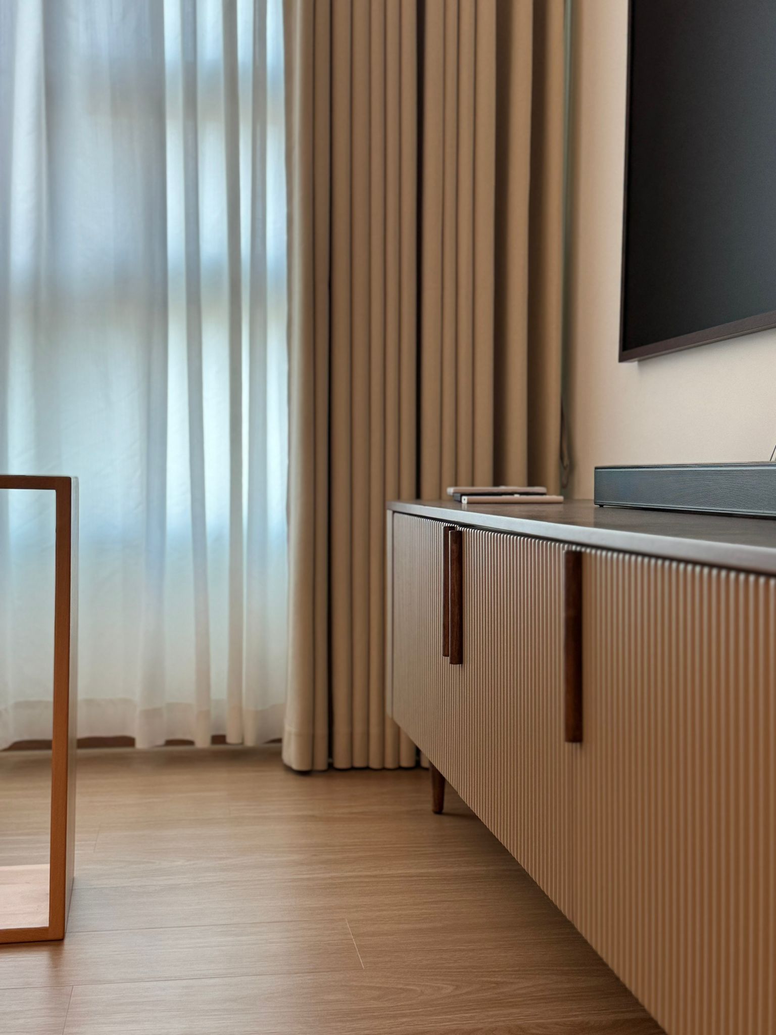 Serenity Living Room: Soft Minimalism Beige Decor  - Cream-colored curtains, soft natural light, minimalist decor, modern