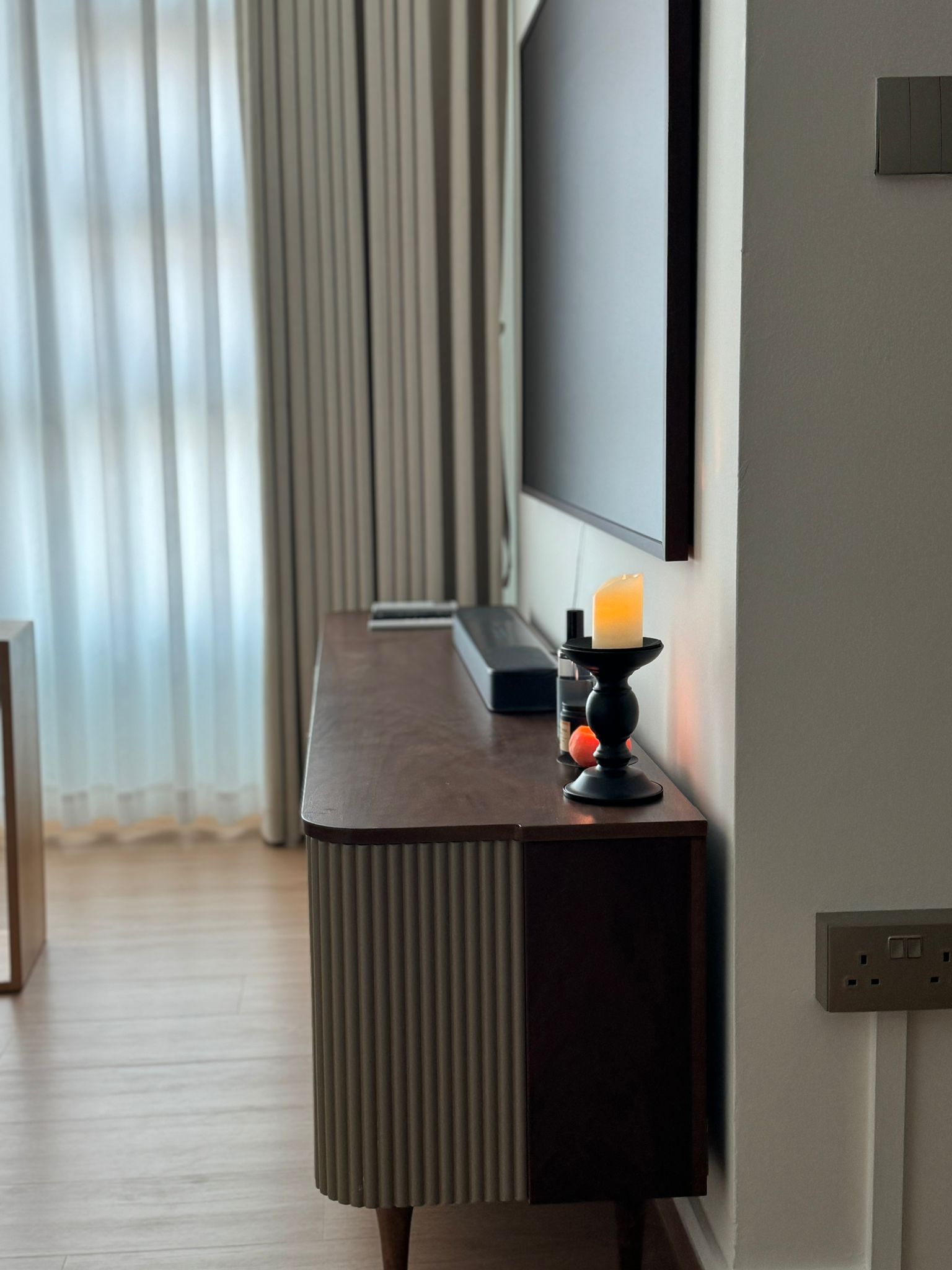 Serenity Living Room: Soft Minimalism Beige Decor  - Modern living room, minimalist decor, sleek TV stand, soft natural