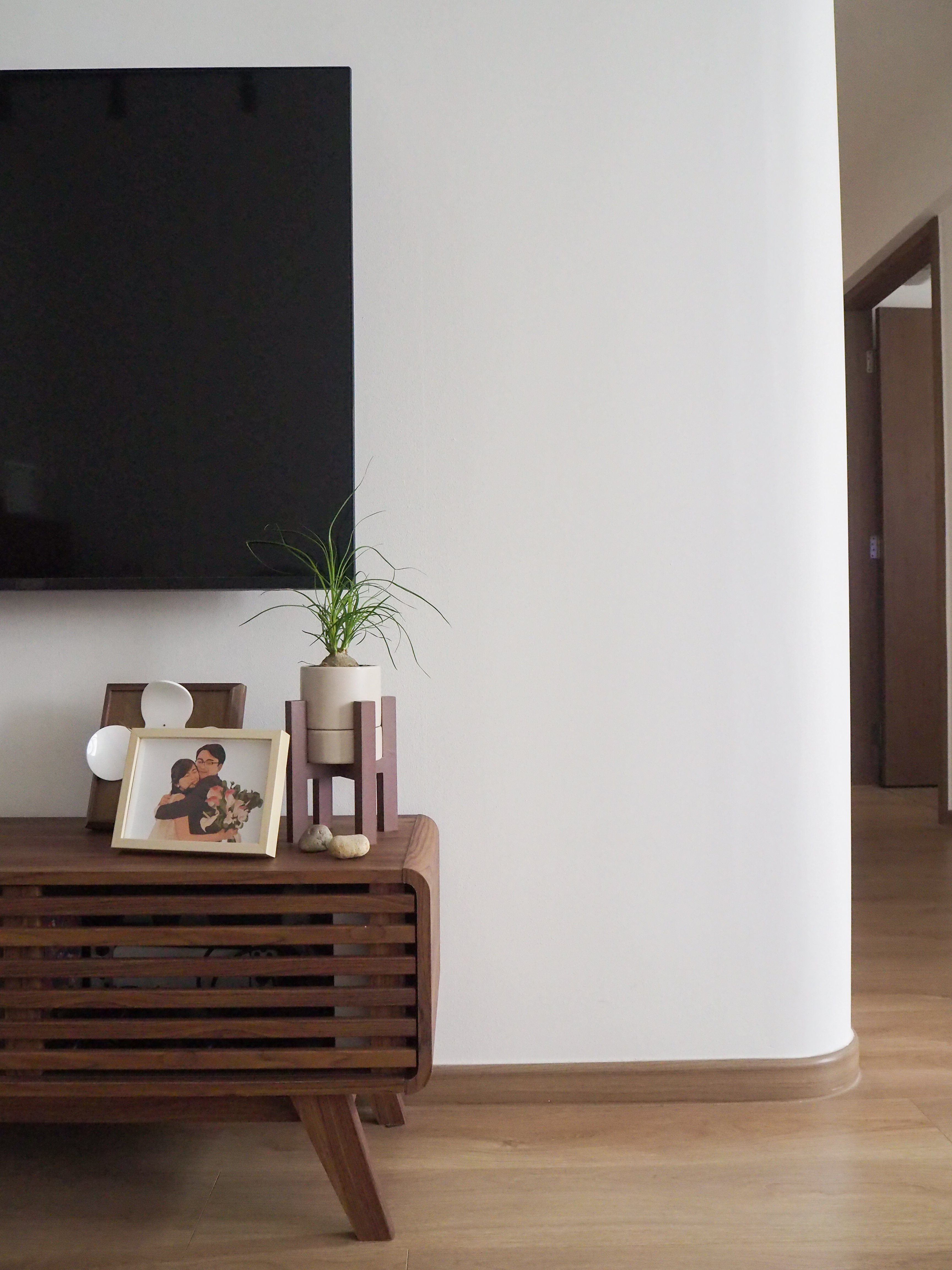 Our living room with no built-in carpentry  - Wooden TV stand, black flat-screen TV, indoor plant, white wall, wooden