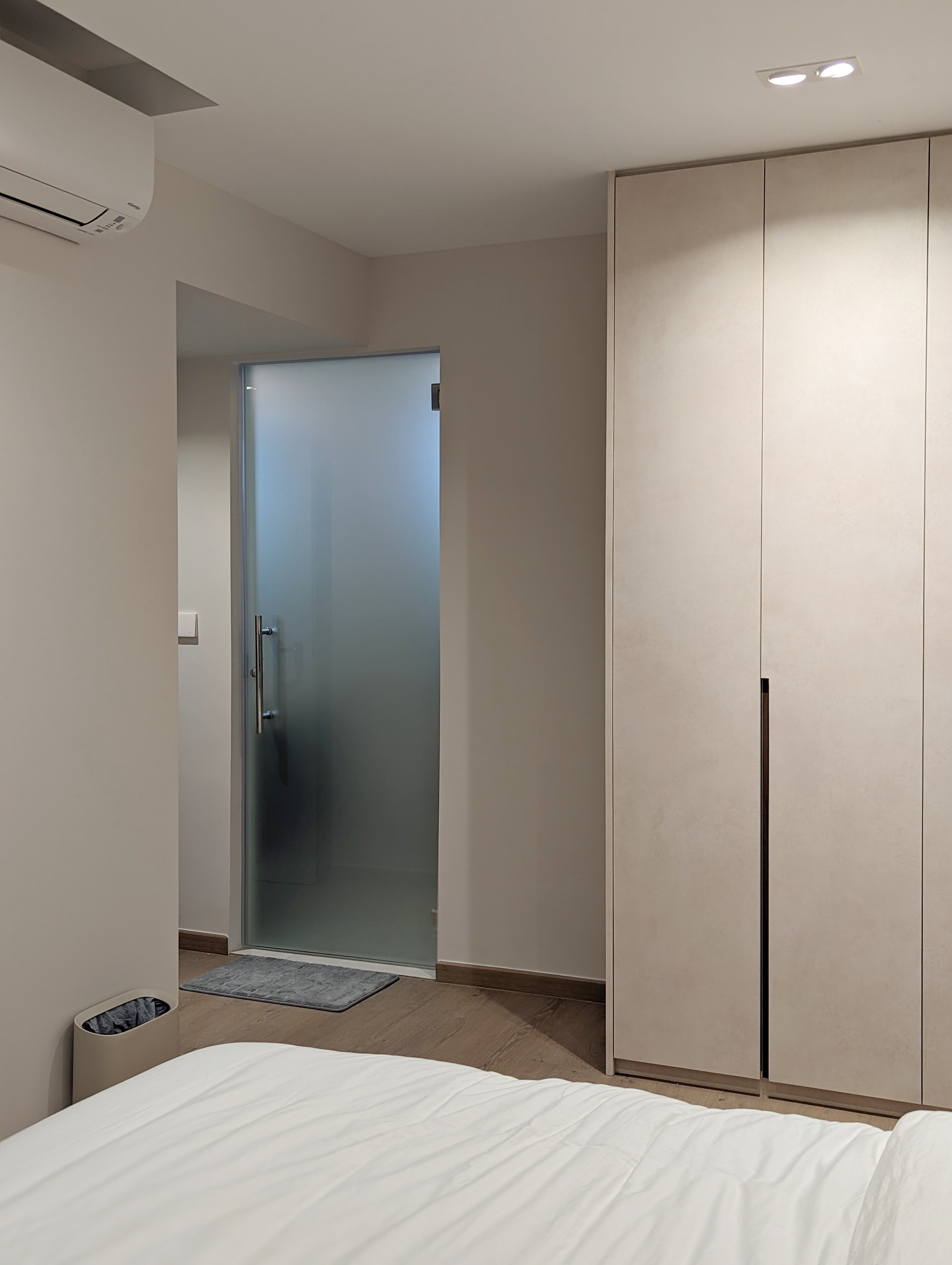 Bedroom: Our cosy sanctuary  - Modern minimalist bedroom, neutral color palette, large glass door, built-in wardrobe, sleek