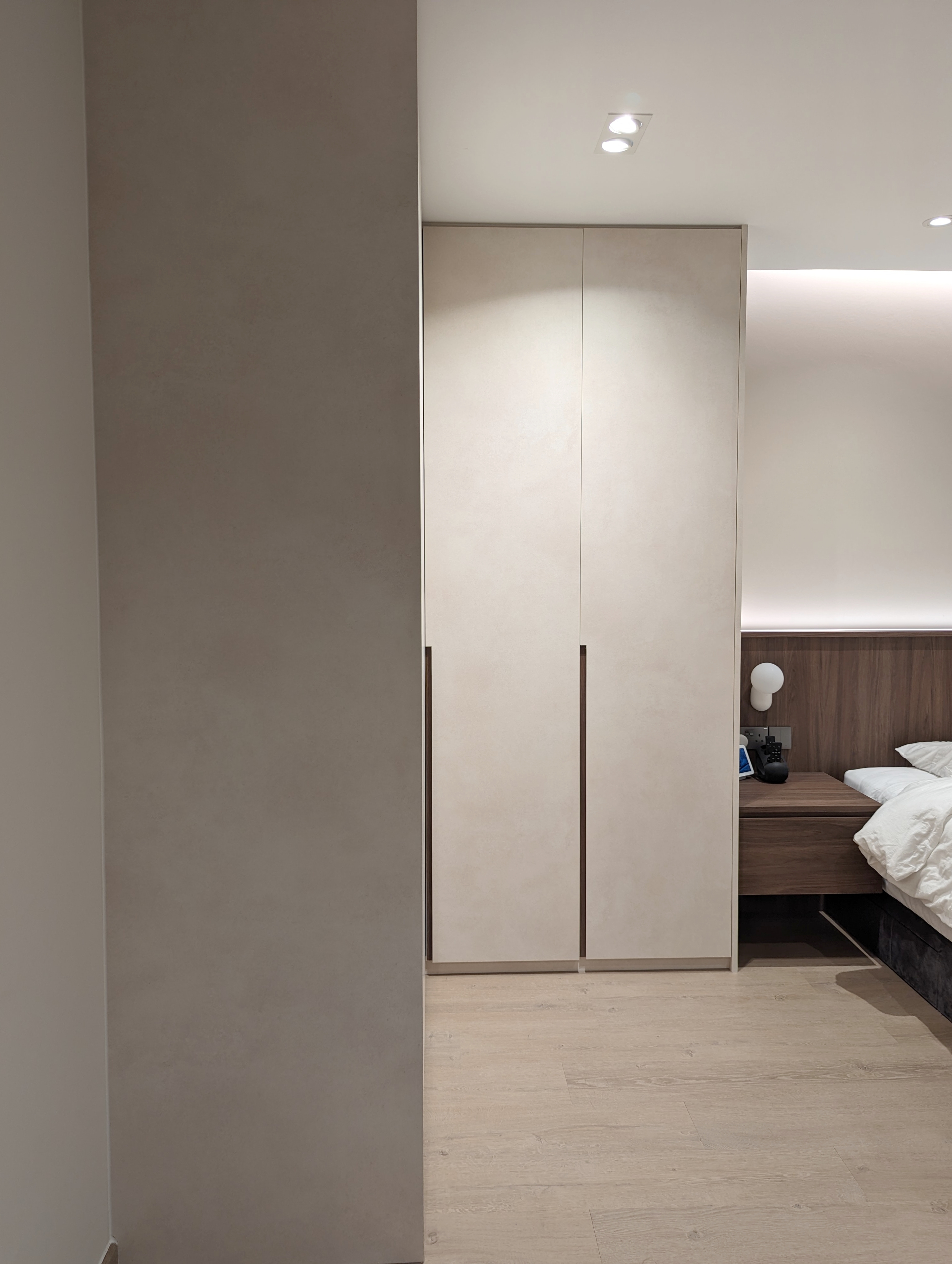 Bedroom: Our cosy sanctuary  - Light beige wardrobe, minimalist design, integrated shelving, wooden headboard, modern bedside