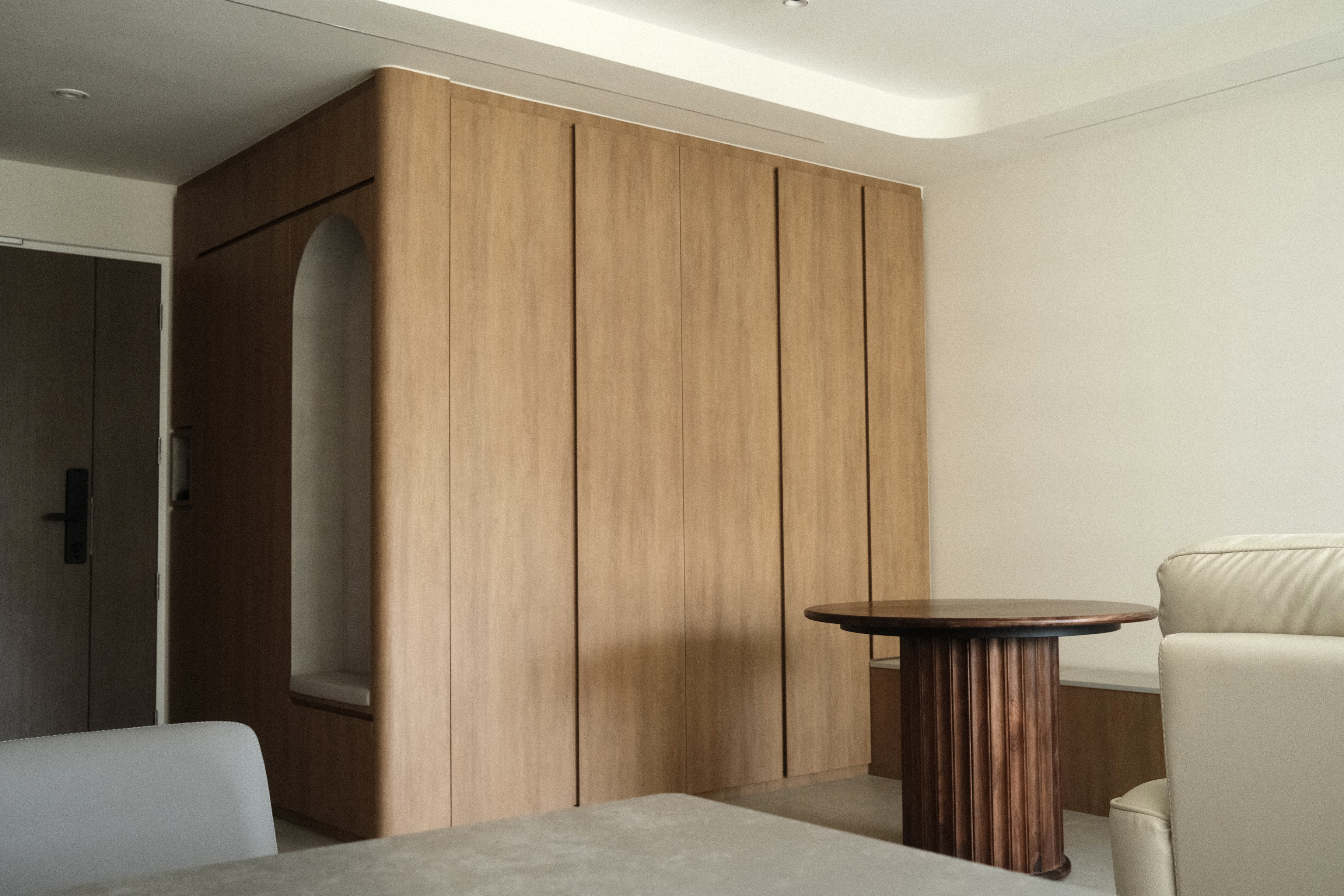 Japandi Living Room with Clean, Neutral Colours - Wooden wardrobe, minimalist design, modern decor, neutral color palette