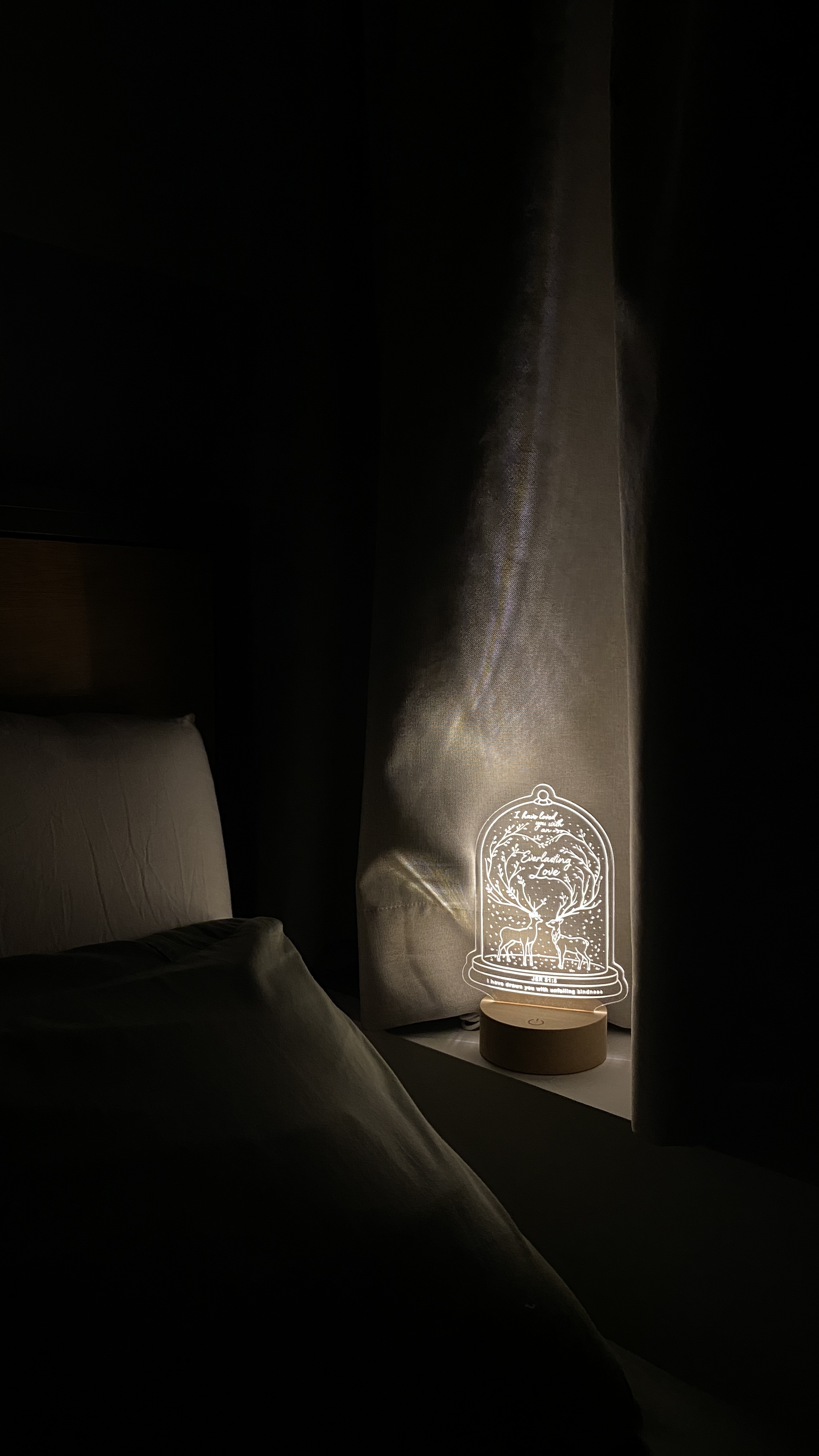 Our Restful Haven: Comfy Bed, Blackout Curtains and Ambient Light - dimly lit bedroom, soft glow, lantern, night light, cozy