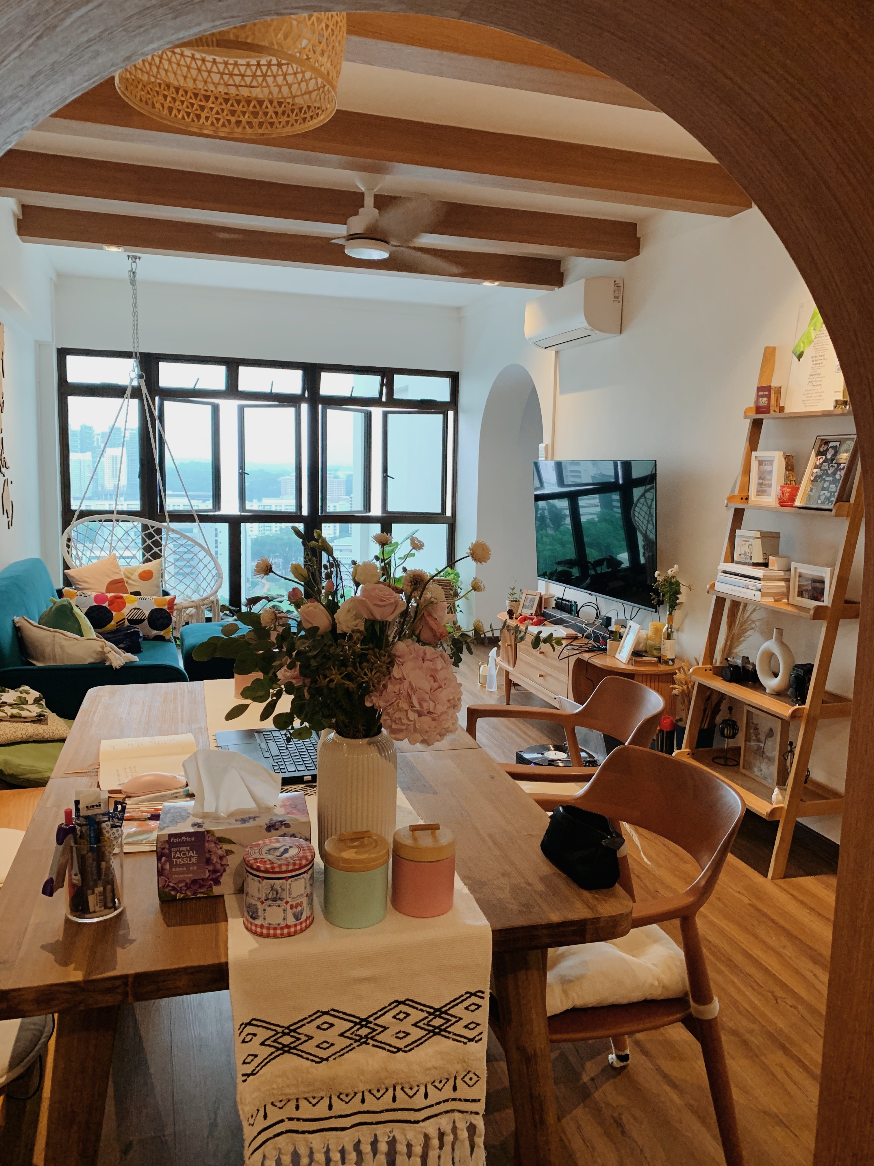 Farmhouse Dining Space in 4rm HDB in CBD fringe area - Wooden dining table, cozy living room, modern decor, comfortable