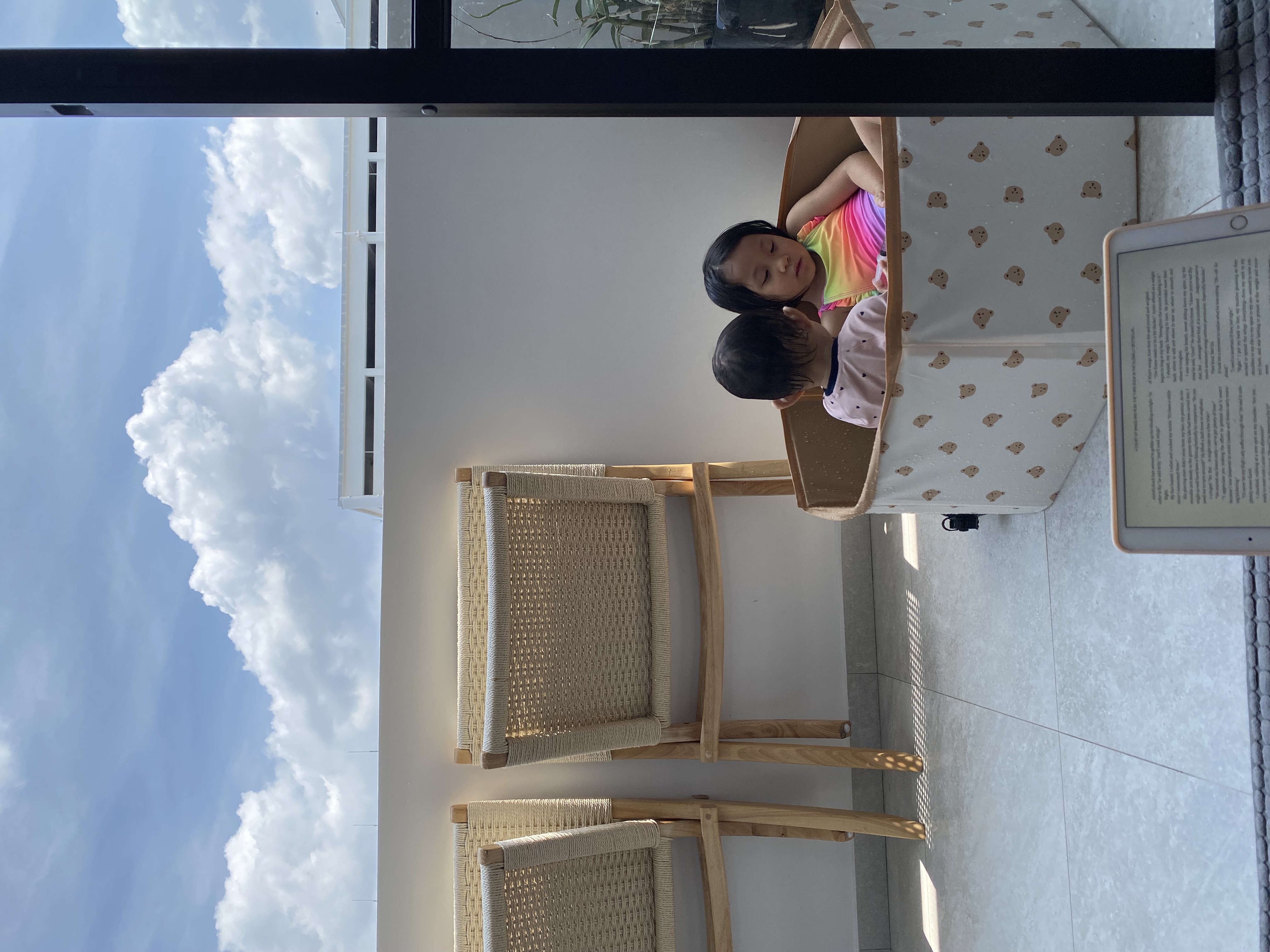 Our Balcony:🪴Little Space, Many Potential!☁️ - Clear blue sky, fluffy clouds, bright sunlight, outdoor setting, two