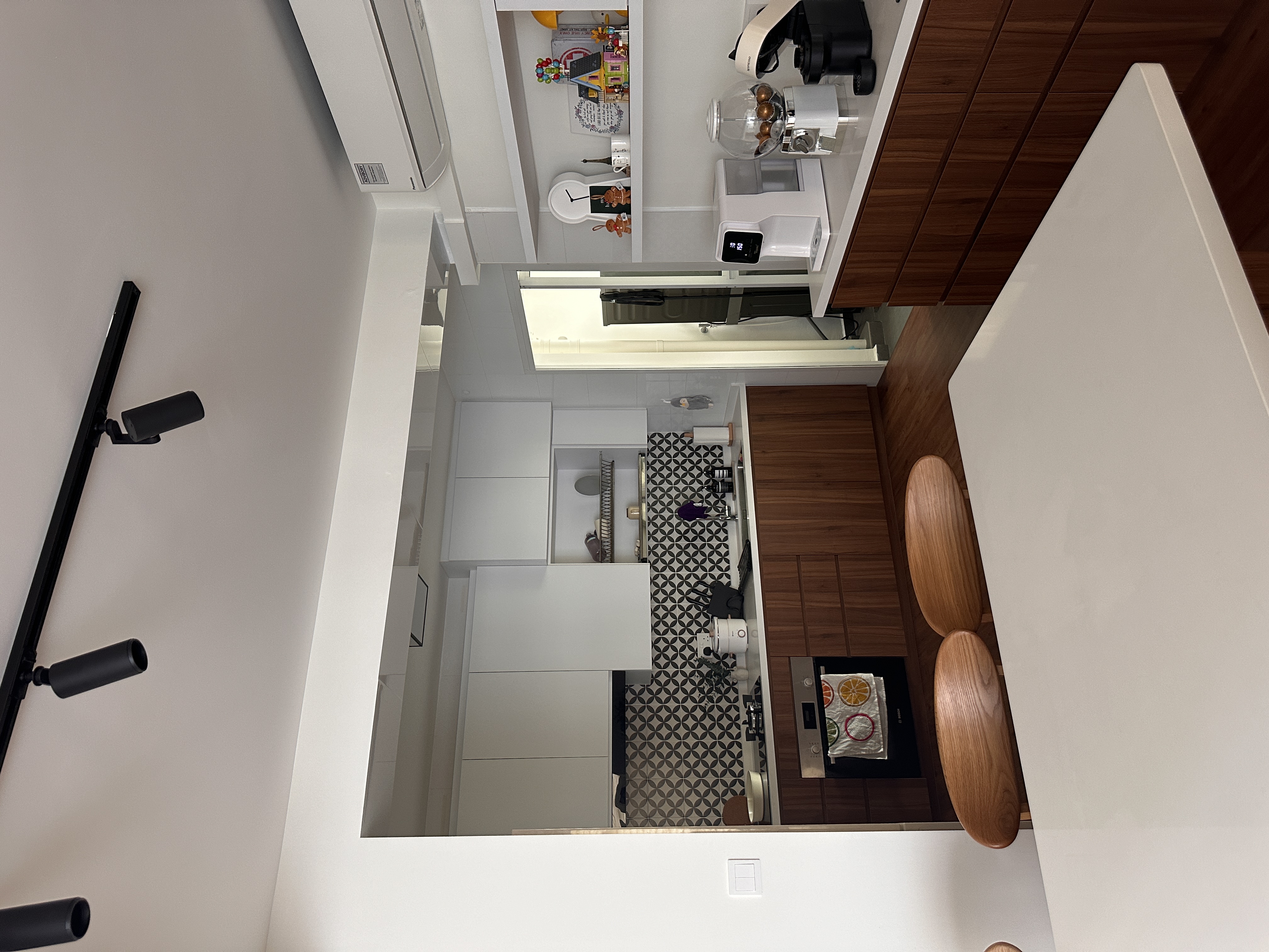 Our open concept kitchen with an island as centrepiece :) - modern kitchen, compact space, open plan, white cabinetry, wooden