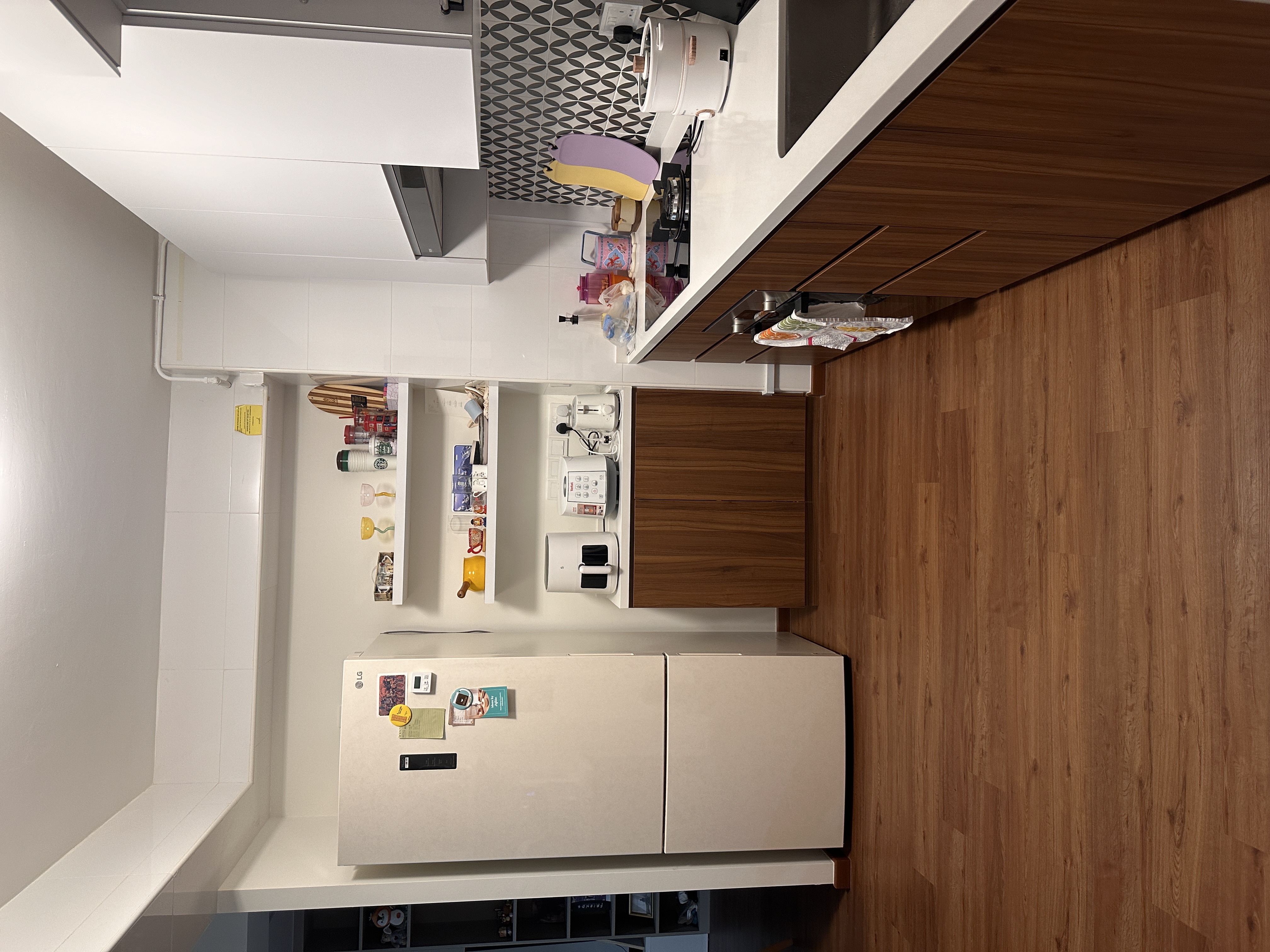 Our open concept kitchen with an island as centrepiece :) - White kitchen cabinets, wooden floor, modern appliances, white