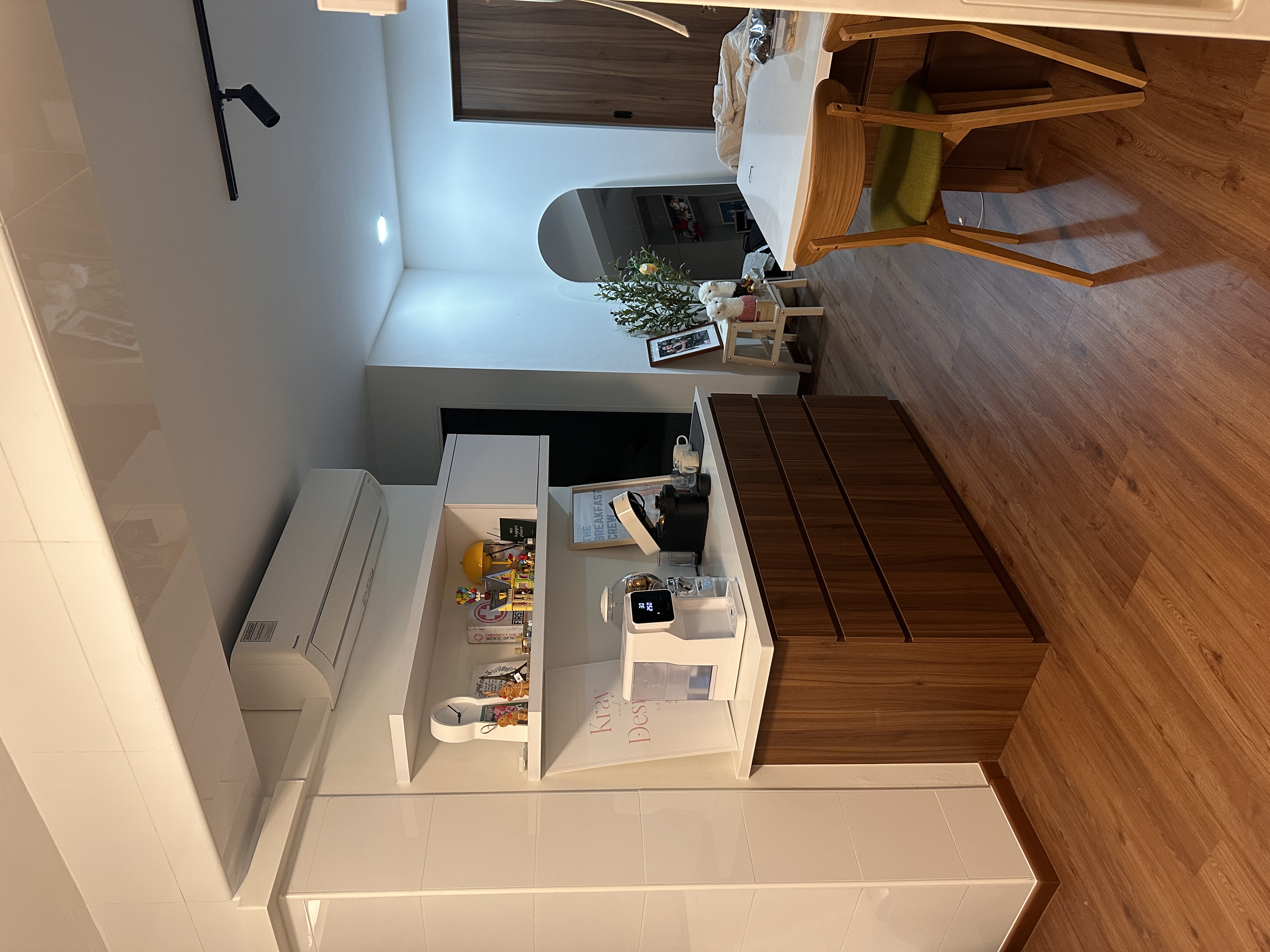 Our open concept kitchen with an island as centrepiece :) - Wooden shelves, minimalist design, modern decor, white and brown