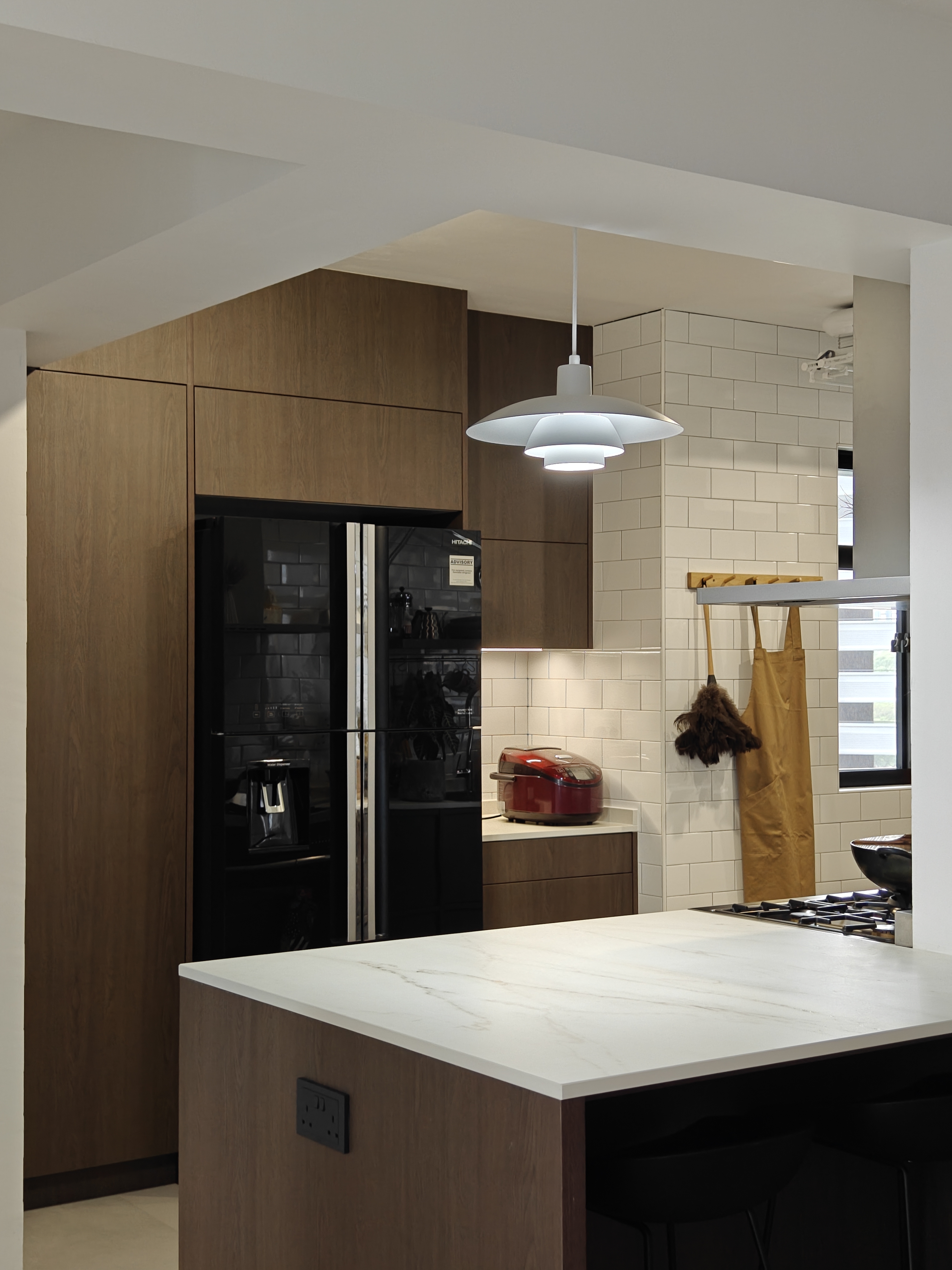 Achieving Our Kitchen Goals Despite A Little Hiccup! - Wooden cabinetry, black refrigerator, white tiled backsplash, modern
