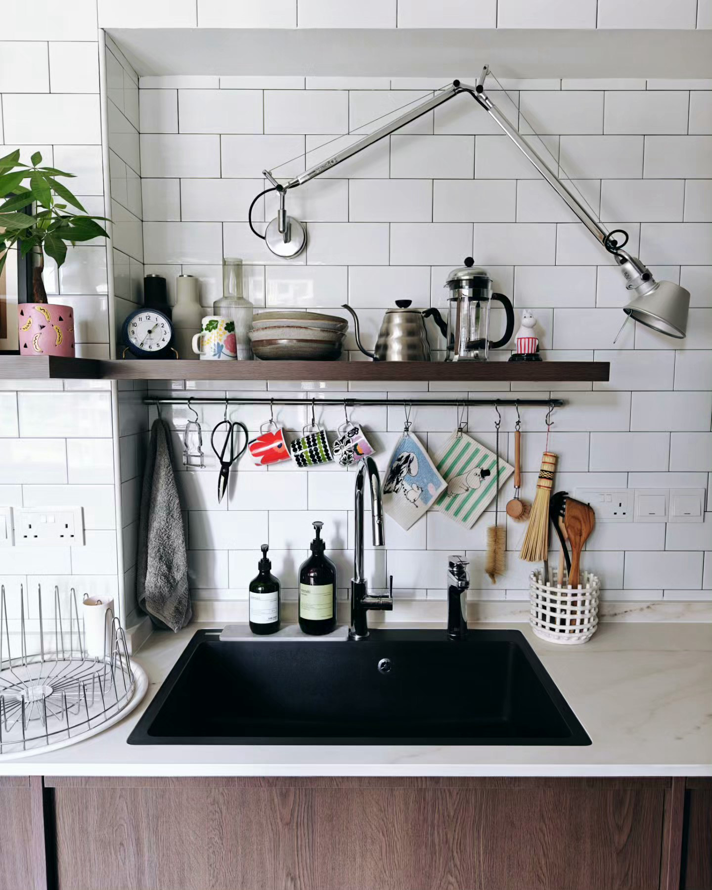 Achieving Our Kitchen Goals Despite A Little Hiccup! - White tiled kitchen wall, modern pendant light, wooden shelf, black