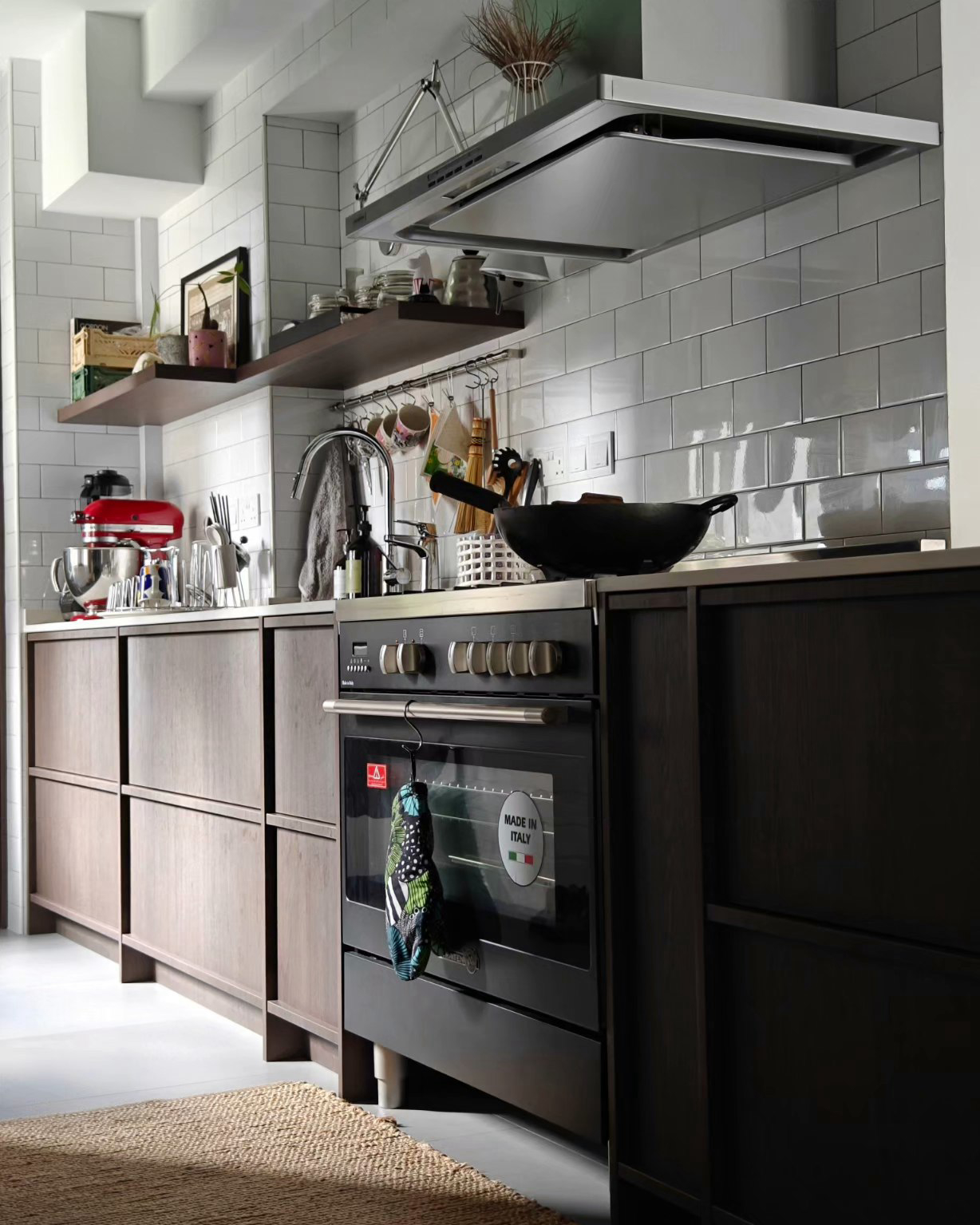 Achieving Our Kitchen Goals Despite A Little Hiccup! - Grey tiled kitchen backsplash, modern oven with "Made in Italy" label