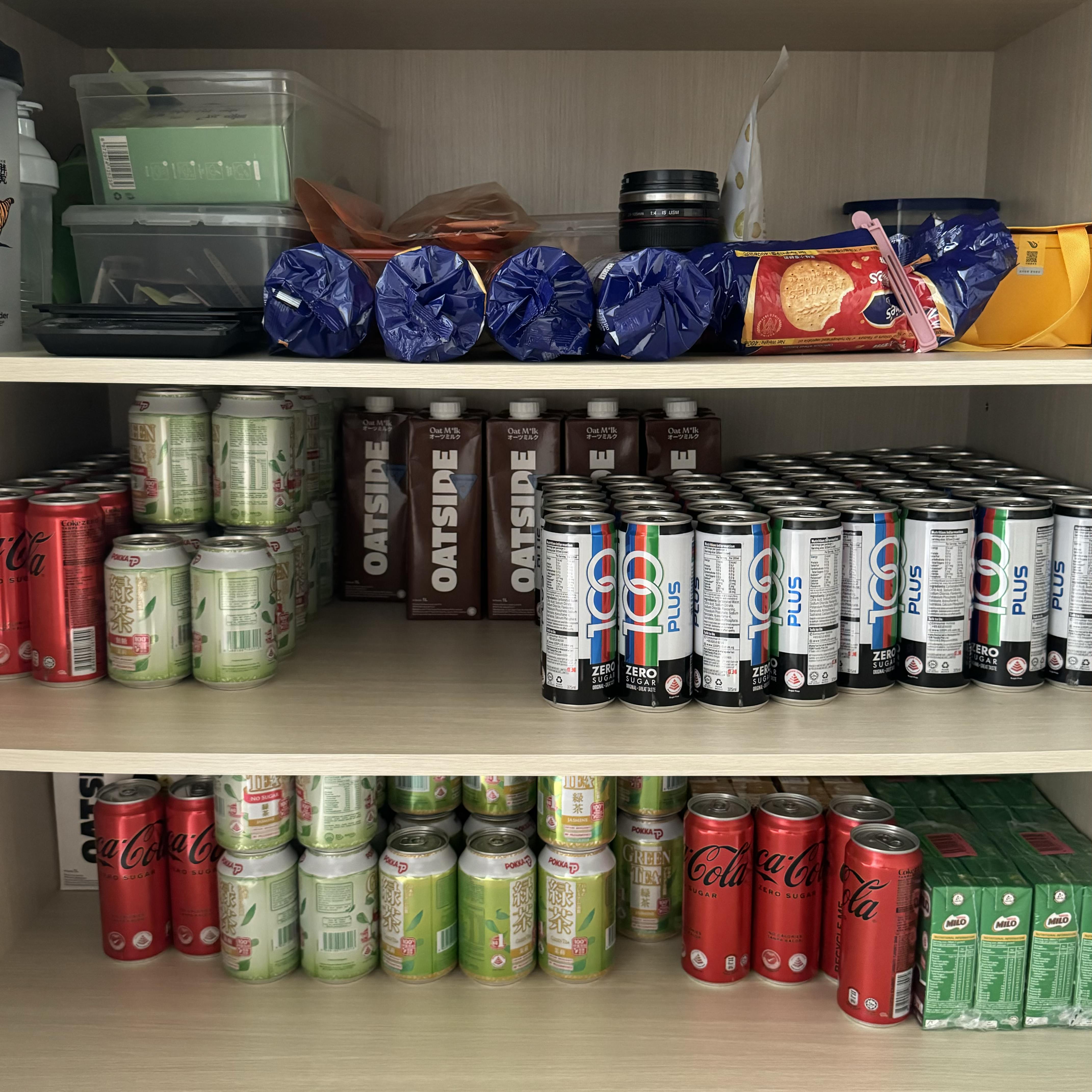 MasterChef Singapore: The Tofu Edition! - Variety of beverages on shelves, including Oatside, Oatside, 100 Plus, Coca-Cola