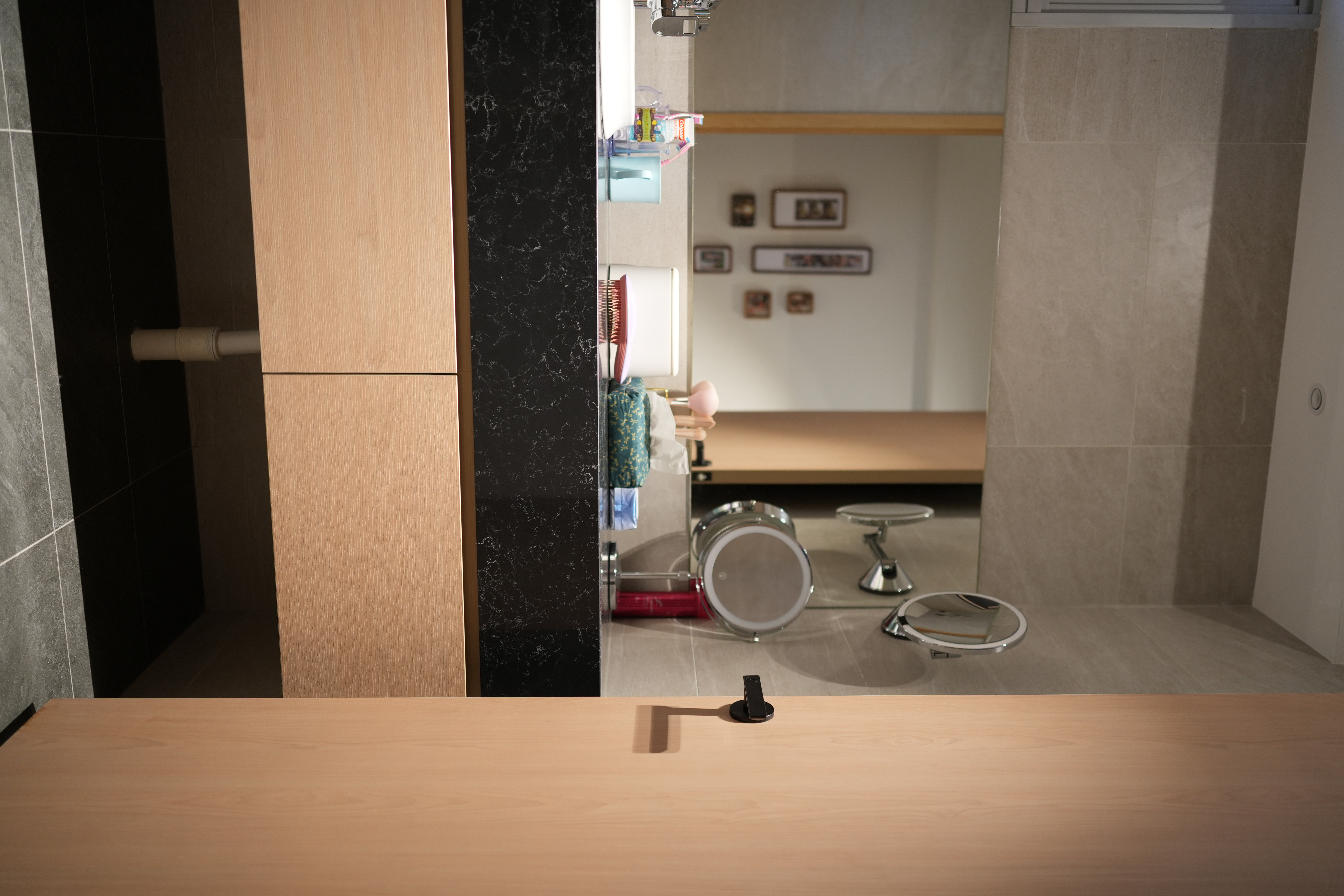 Our Bathroom: Dual Showers, Onsen Style Sit-Downs & A Powder Room - Wooden countertop, modern bathroom, mirror, vanity, black