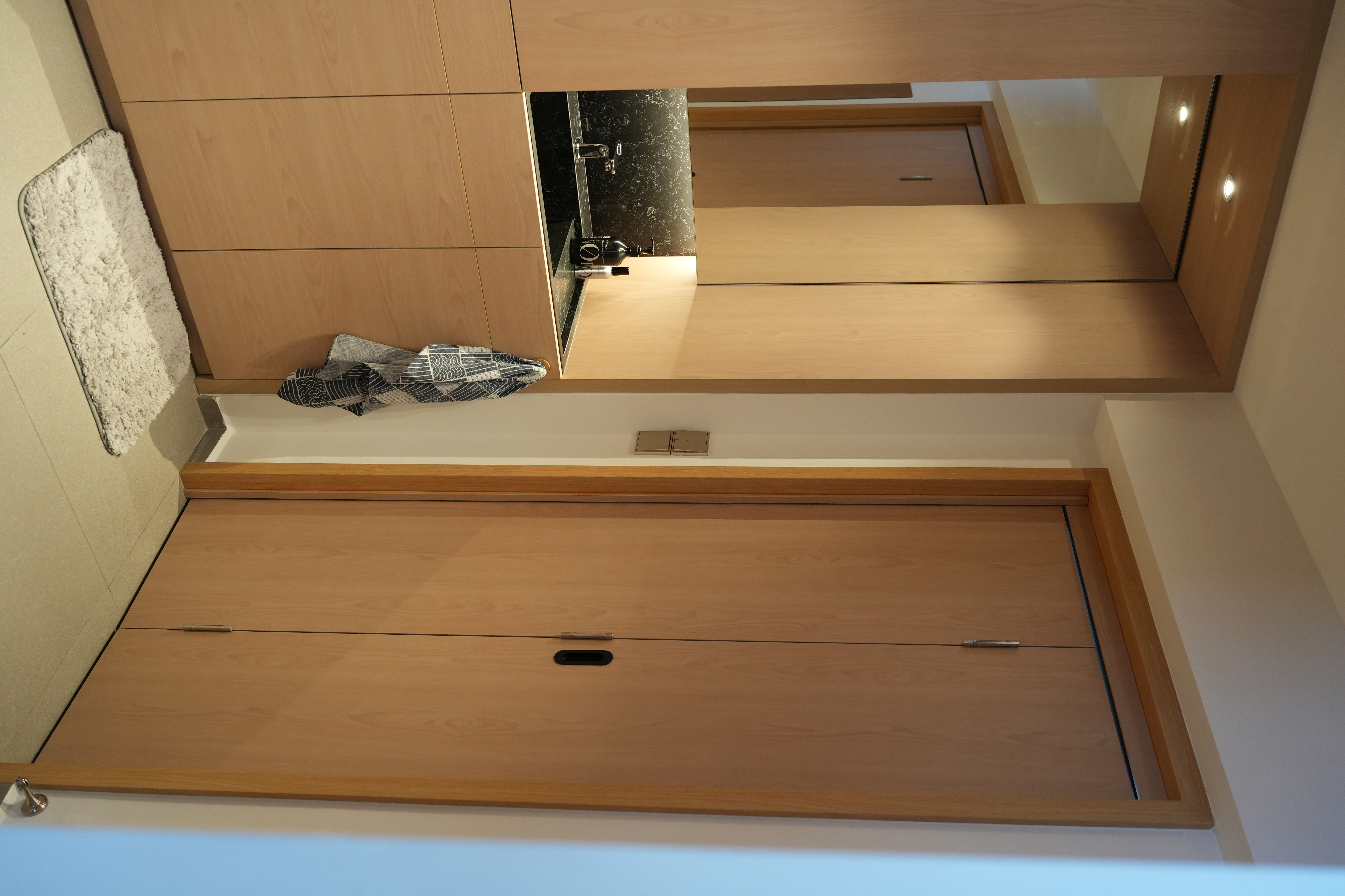 Our Bathroom: Dual Showers, Onsen Style Sit-Downs & A Powder Room - Wooden bathroom cabinet, modern design, wooden doors