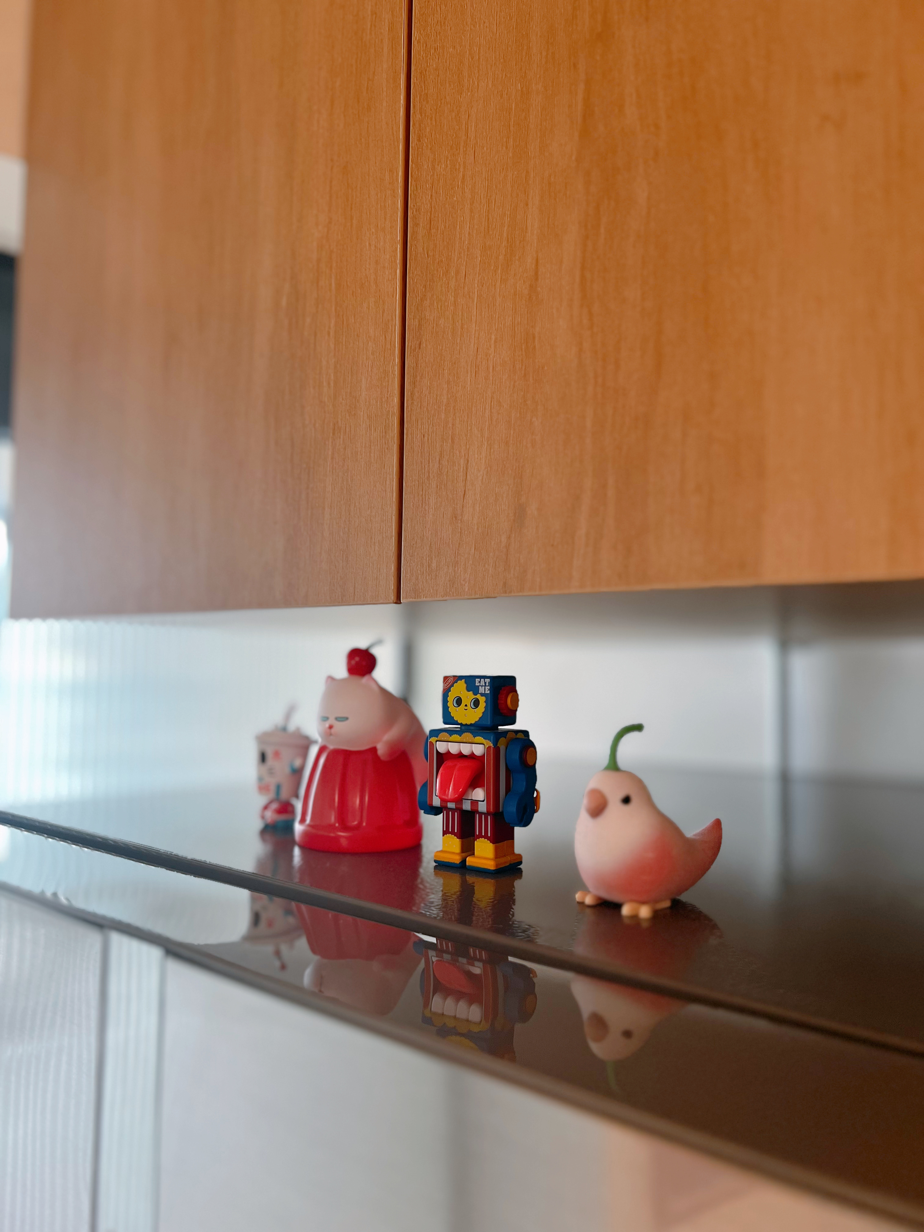 Crafting Our Open-Closed Culinary Station: The Kitchen - Cabinet, wooden, vertical, shelf, small figurines, red and white