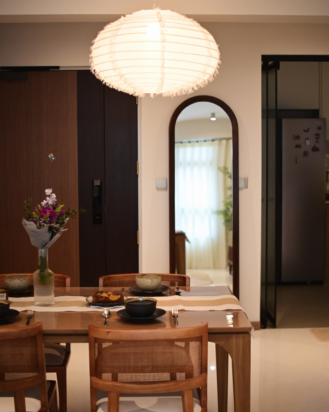 Our dining area - for hosting & daily conversations over meals ◡̈  - Dining room, modern dining table, wooden chairs, floral