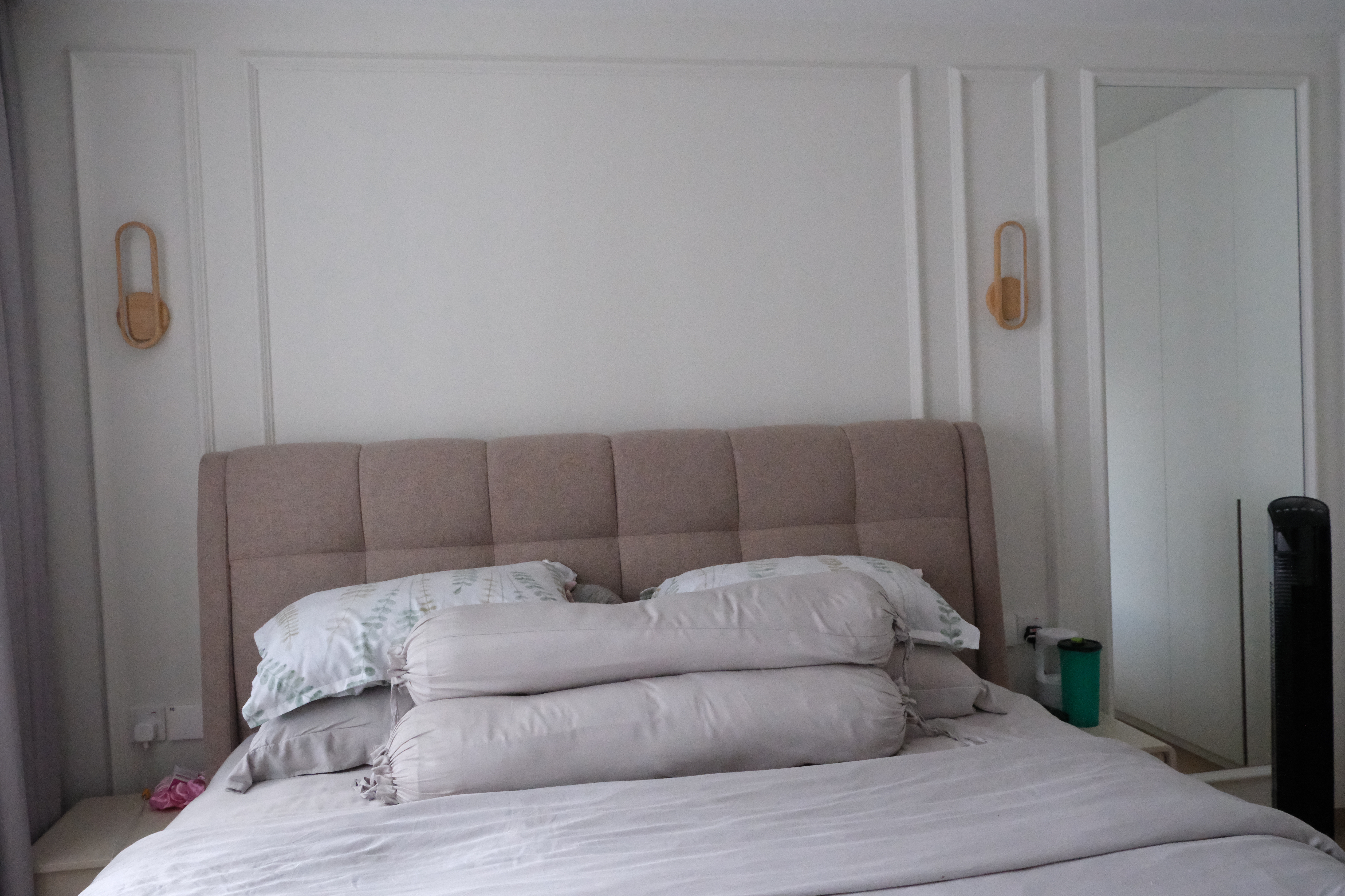 Discover Tranquility: A Scandinavian-Inspired Master Bedroom - White bedroom, minimalist design, beige upholstered headboard