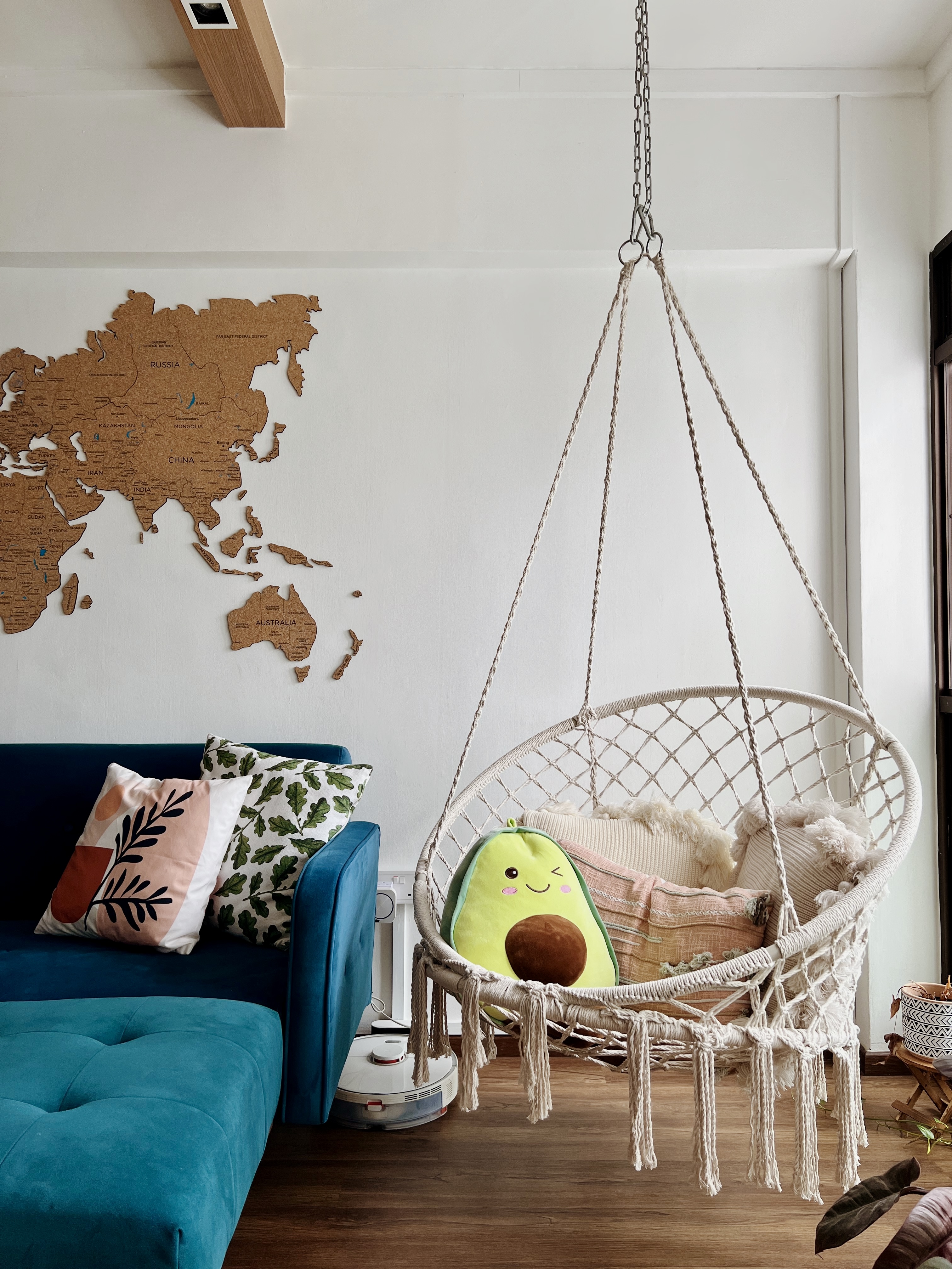 Self-designed Farmhouse Living Room with Floor to Ceiling Windows - world map, cozy room, world map wall art, world map on