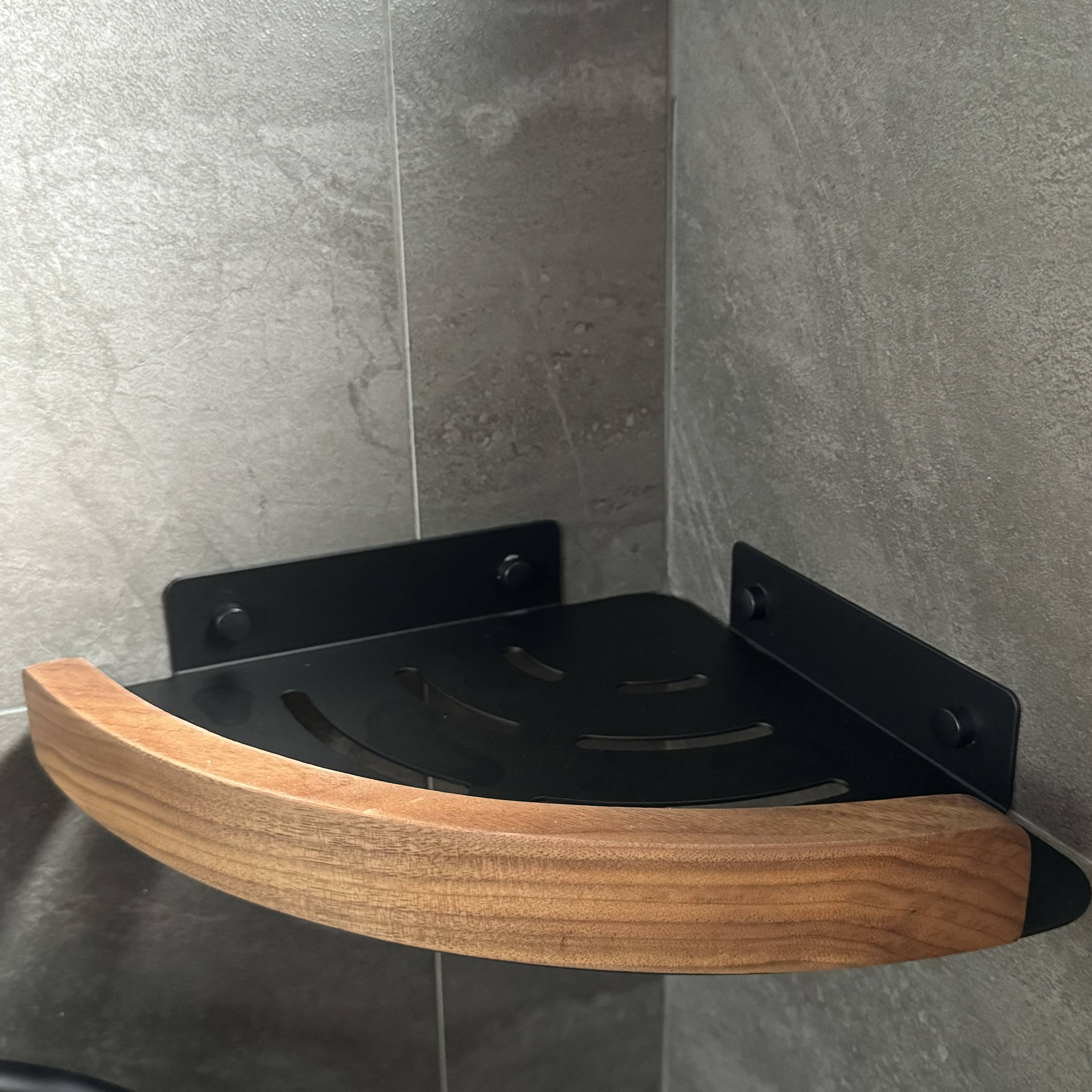 The tofus' bathrooms with hidden surprises 🕳️ - Wooden shelf, black countertop, modern design, sleek black backsplash, gray