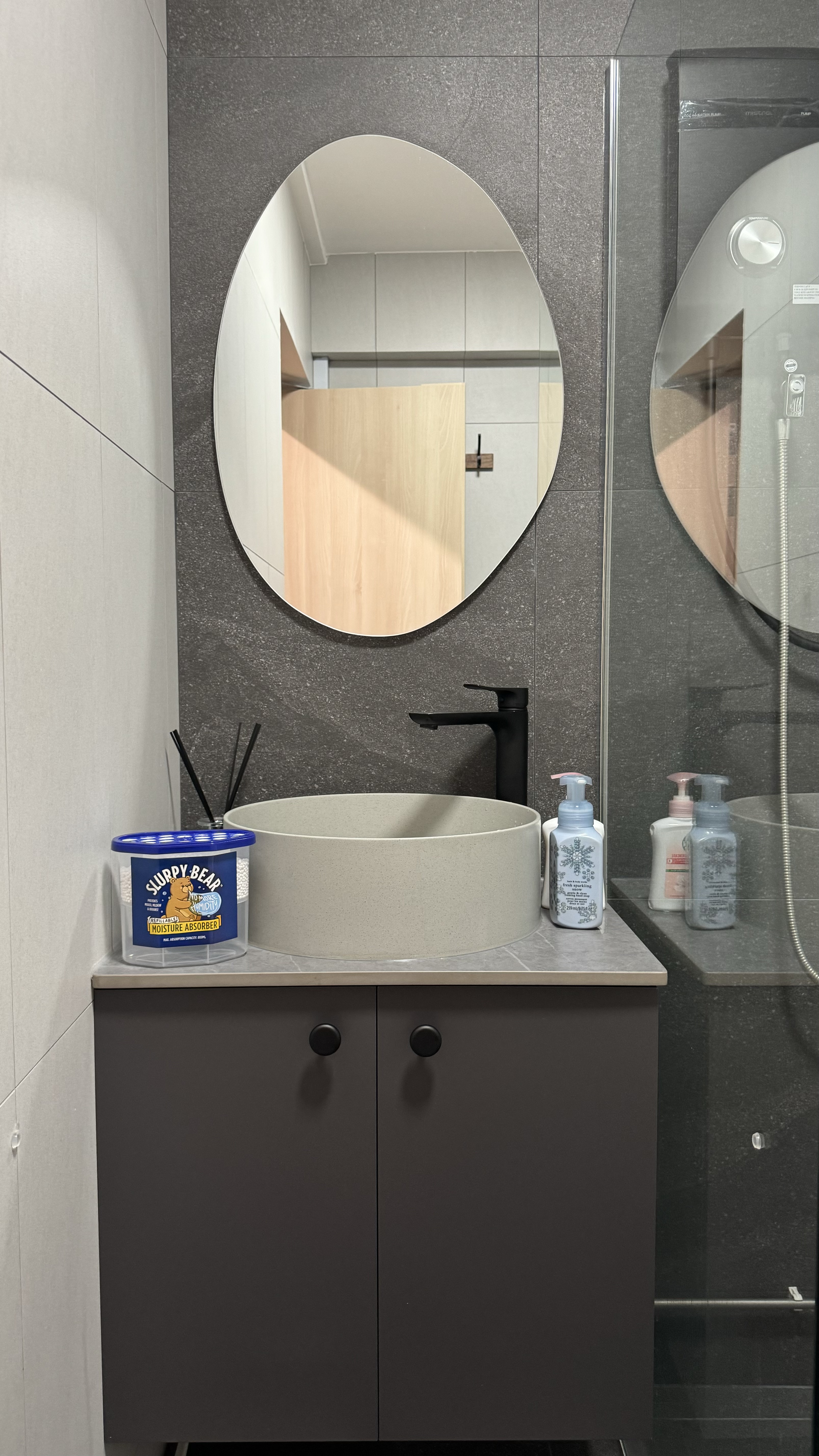 The tofus' bathrooms with hidden surprises 🕳️ - Bathroom vanity, modern design, gray countertop, built-in sink, dual