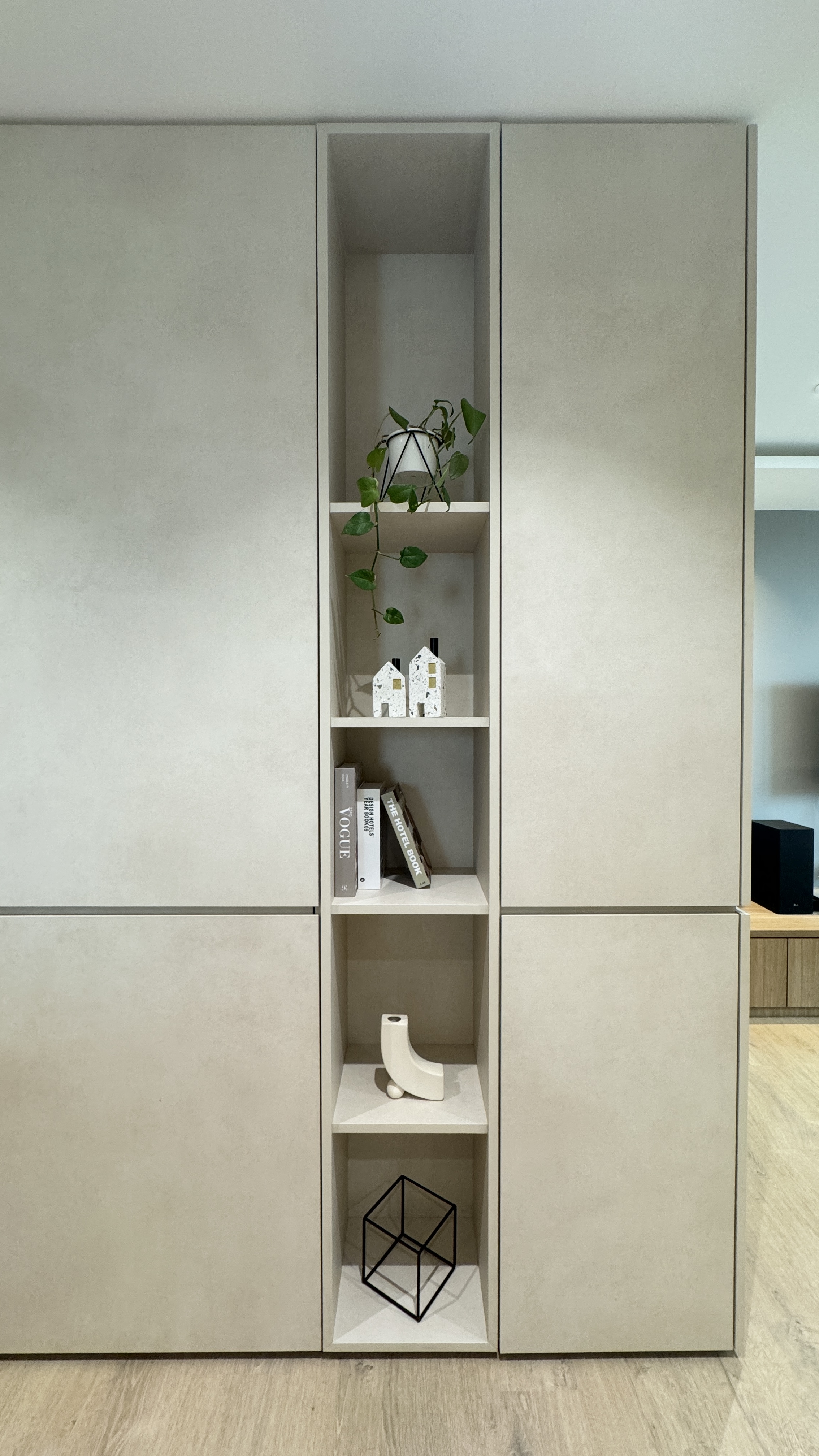 Curating a "Life Giving" Home - Shelf with minimalist decor, beige cabinets, modern design, open shelving, indoor plants
