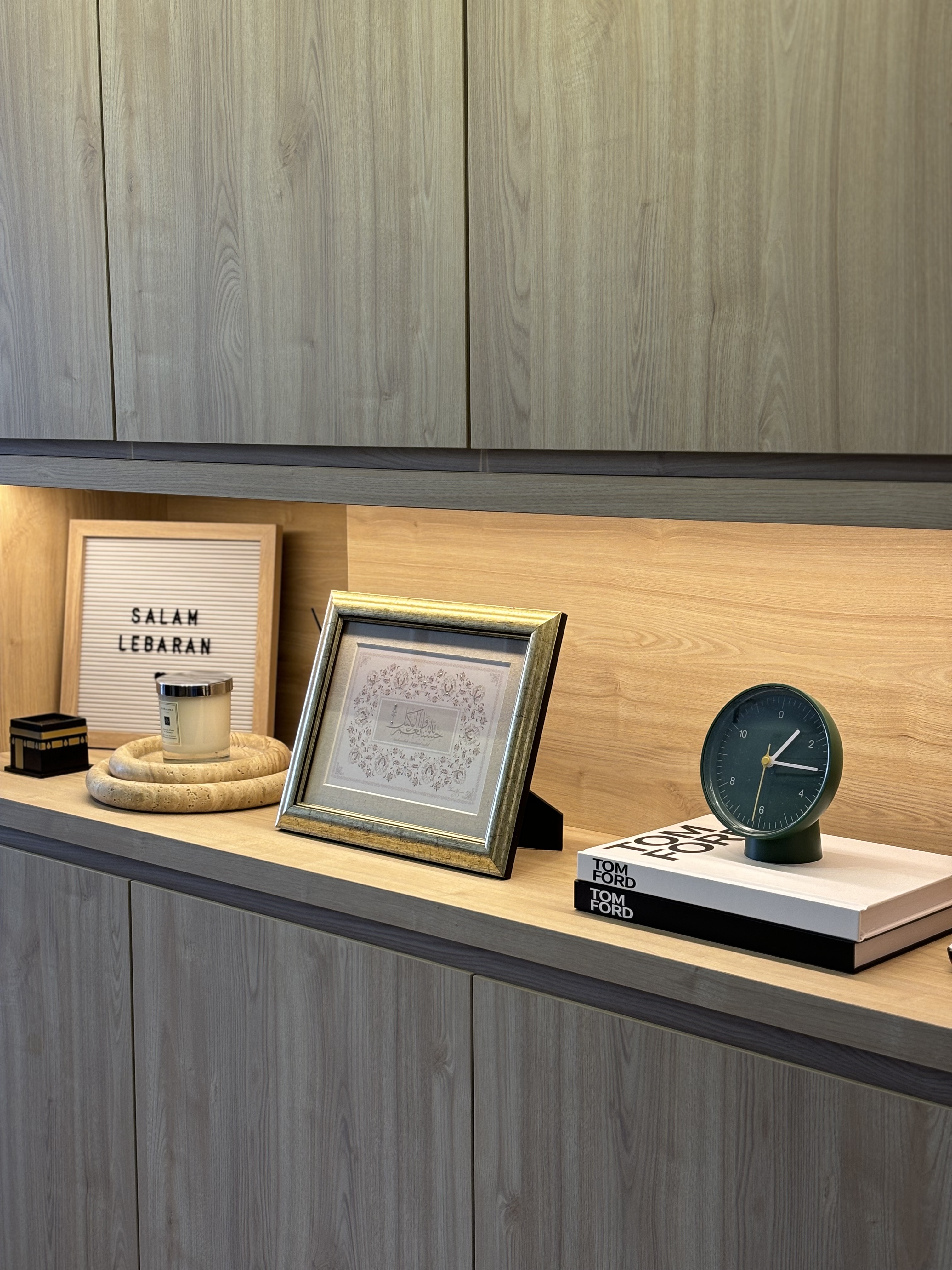 Our Simple & Cosy Living Room - Wooden cabinet, minimalist design, light wood finish, textured surface, natural wood grain