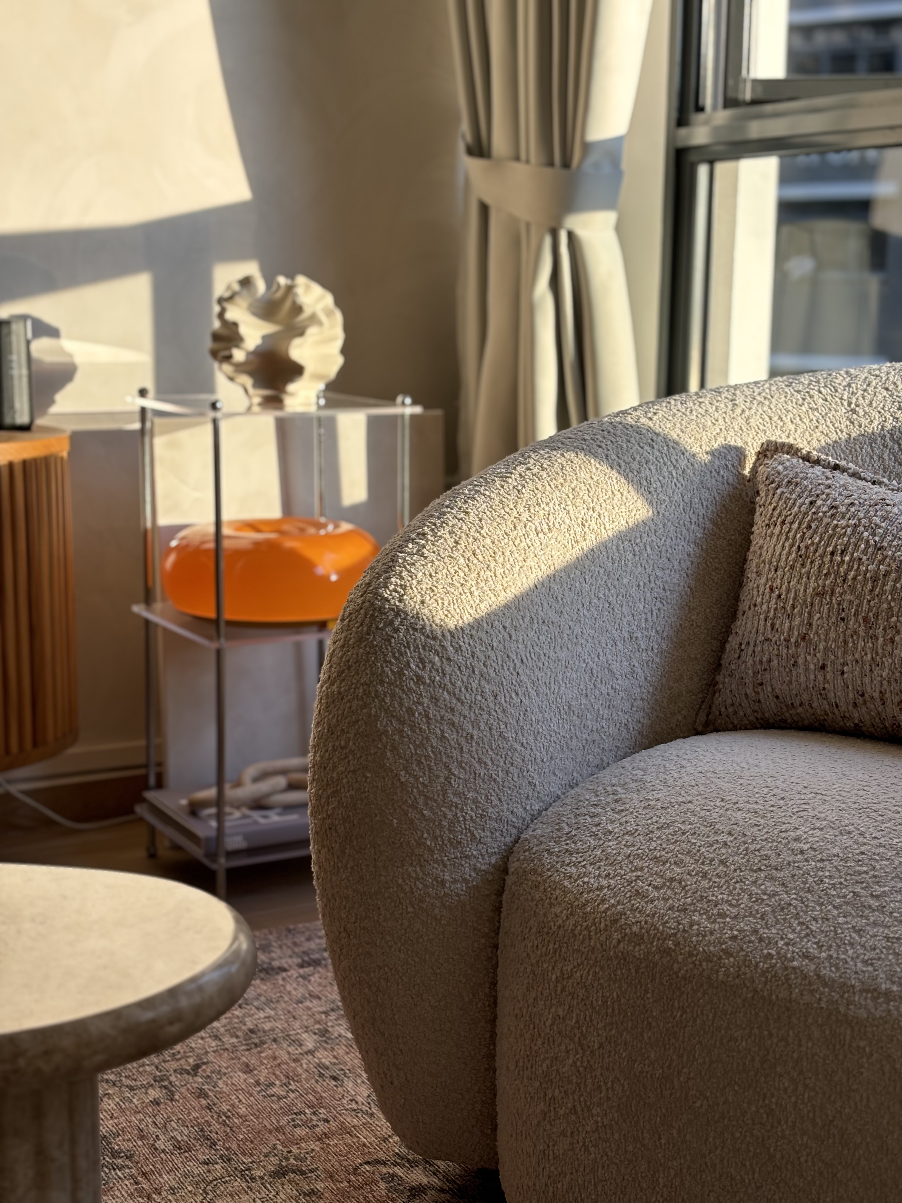 Our Simple & Cosy Living Room - Modern living room, cozy seating, beige sofa, textured upholstery, soft lighting, large