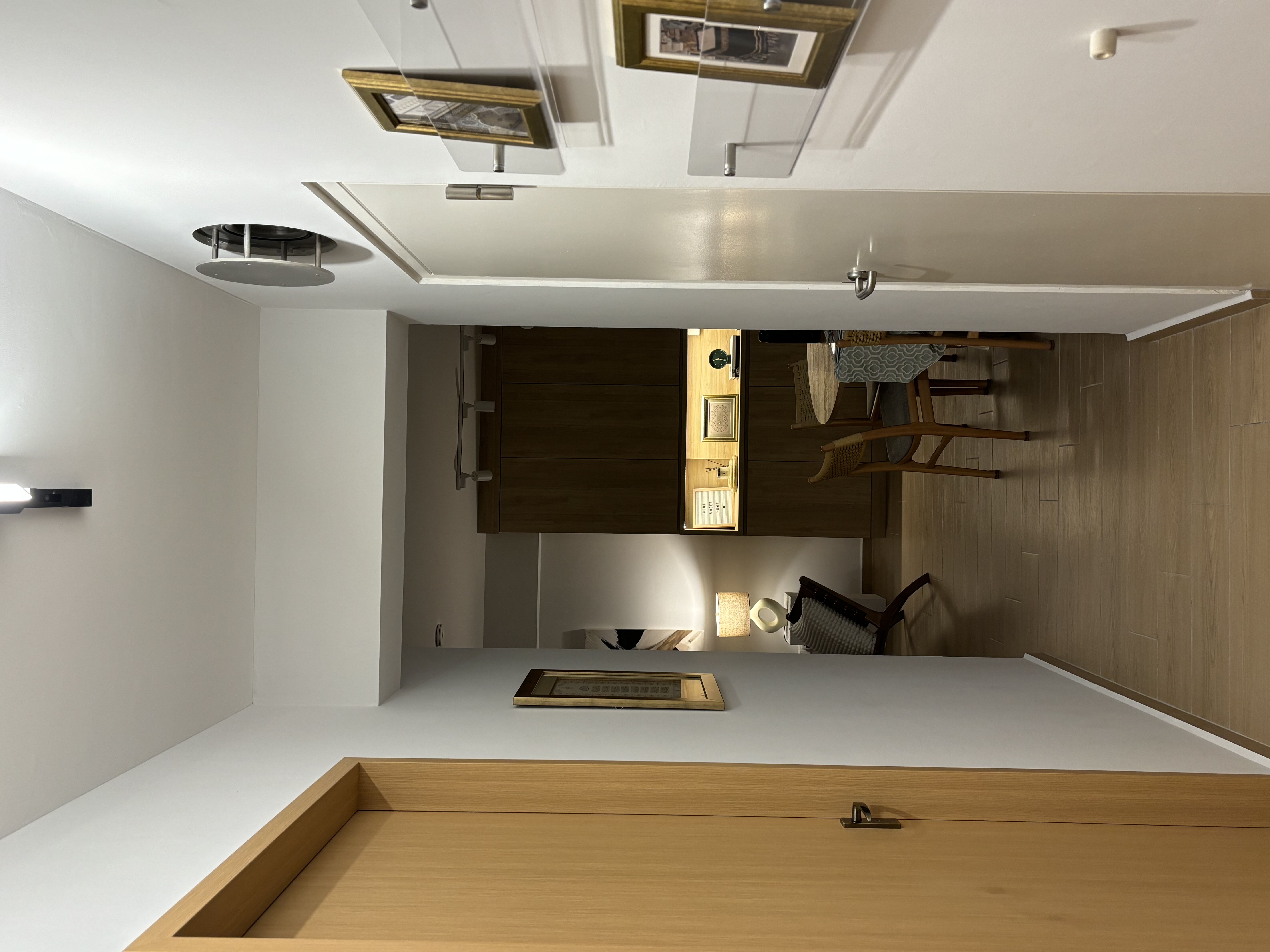 Our Simple & Cosy Living Room - Modern minimalist dining room, sleek ceiling light fixture, wooden dining table, stylish