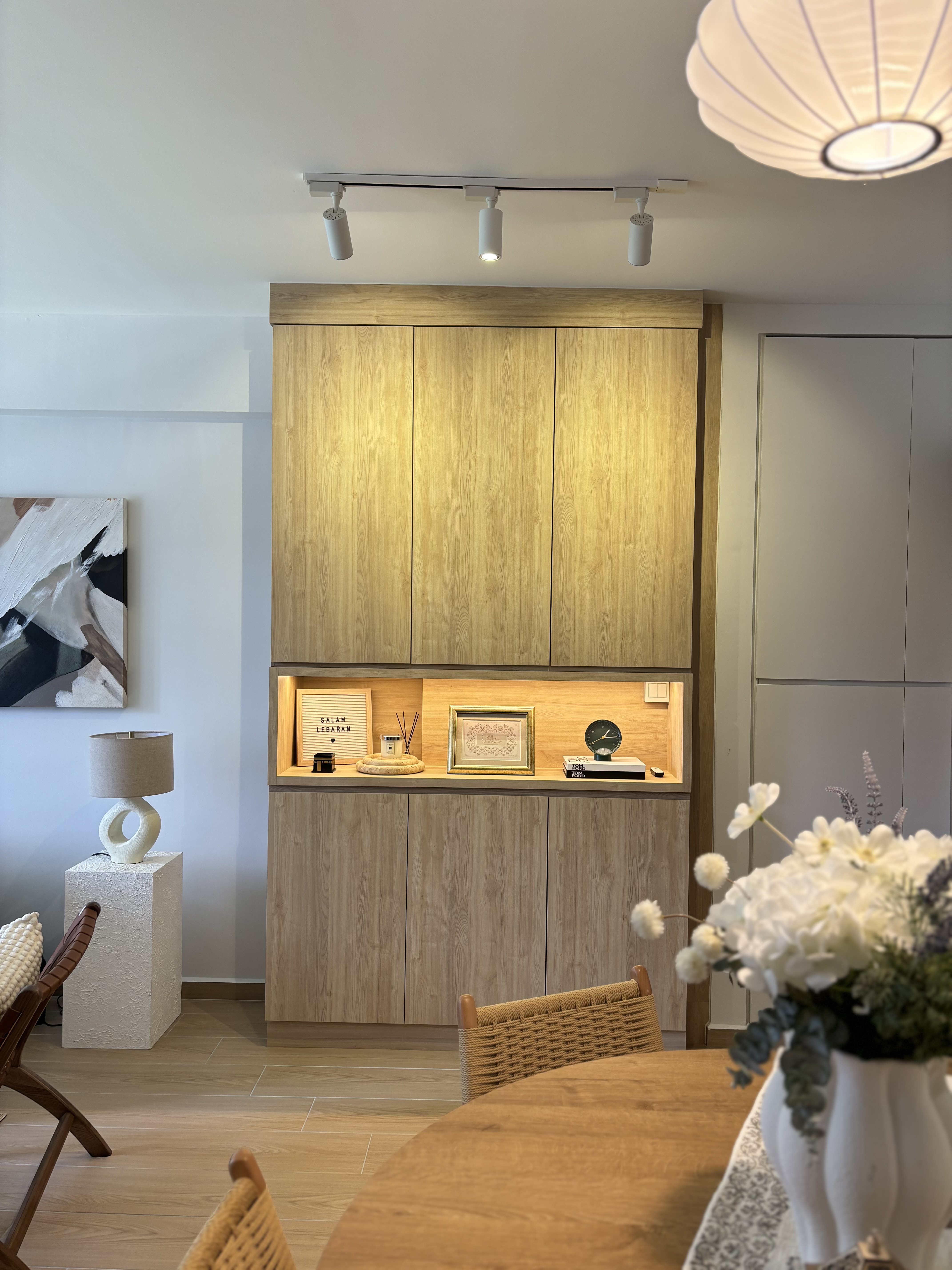 Our Simple & Cosy Living Room - Wooden cabinetry, modern design, minimalist decor, neutral color palette, light wood finish