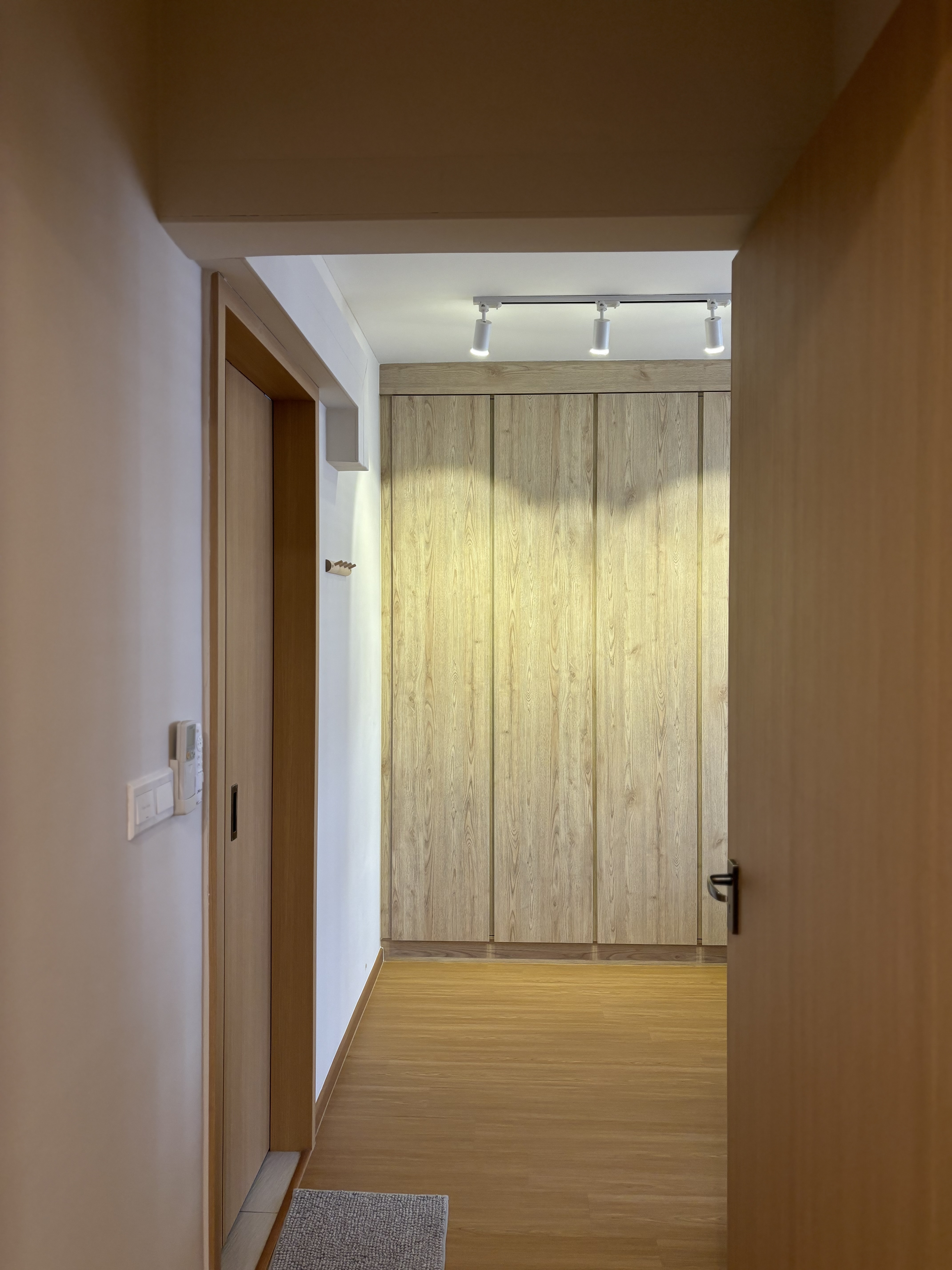 A peek inside our Master Bedroom - Wooden paneling, minimalist design, modern aesthetic, light wooden wall, sleek door