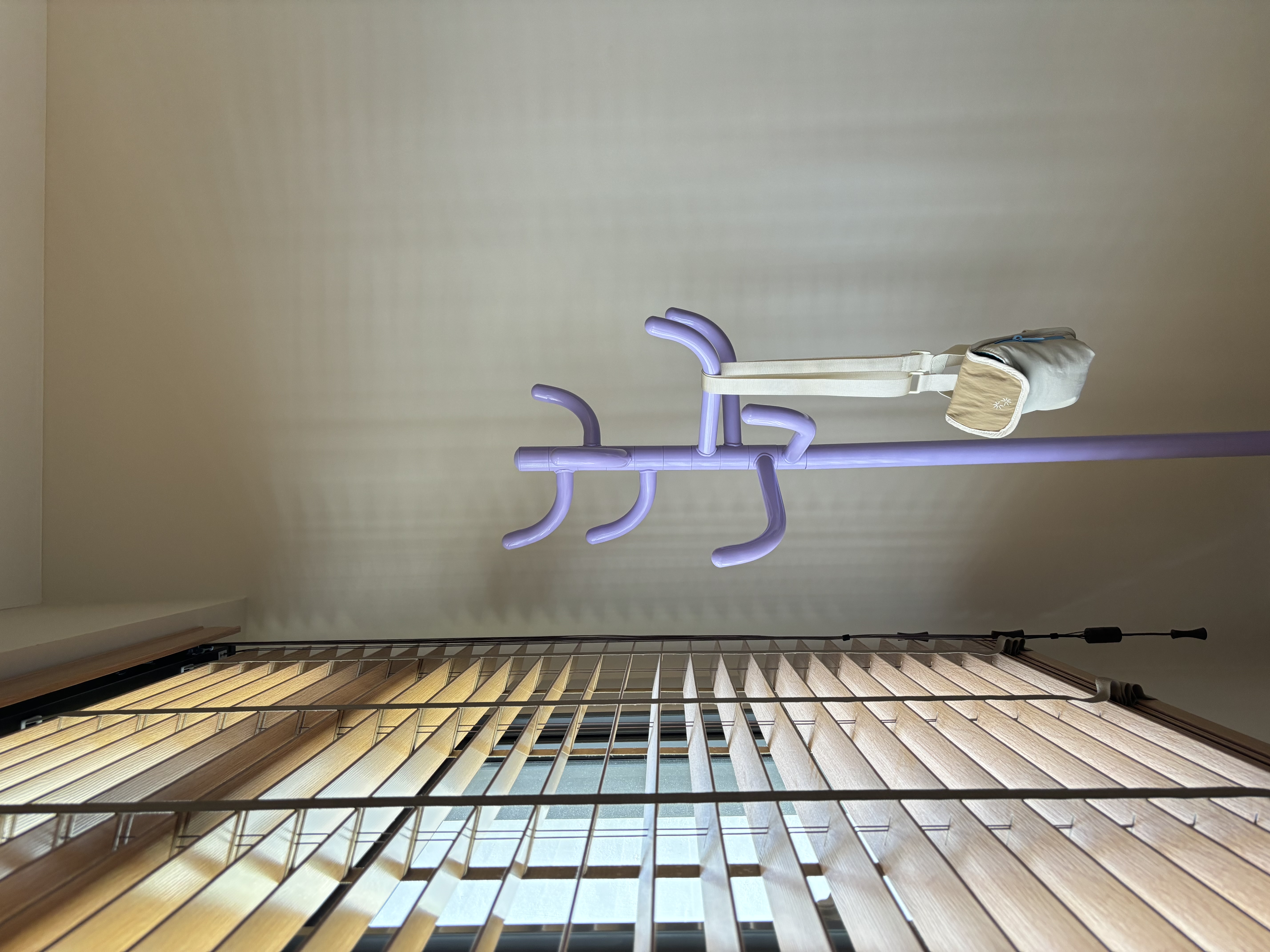 A peek inside our Master Bedroom - purple pipe rack, wooden slats, modern design, ceiling-mounted, light fixture, soft