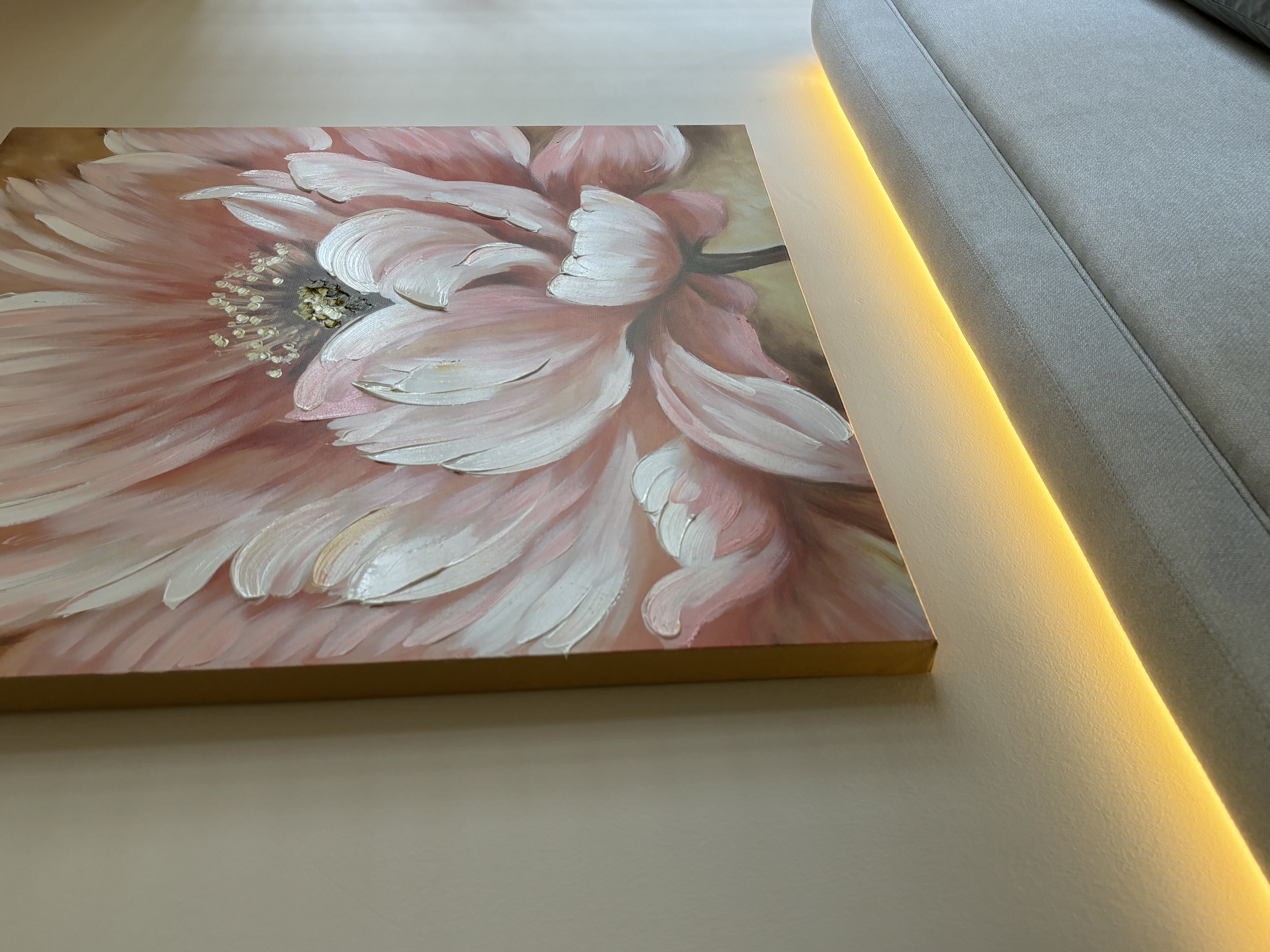 A peek inside our Master Bedroom - vibrant pink flowers, delicate petals, soft gradient, realistic brushstrokes, warm color