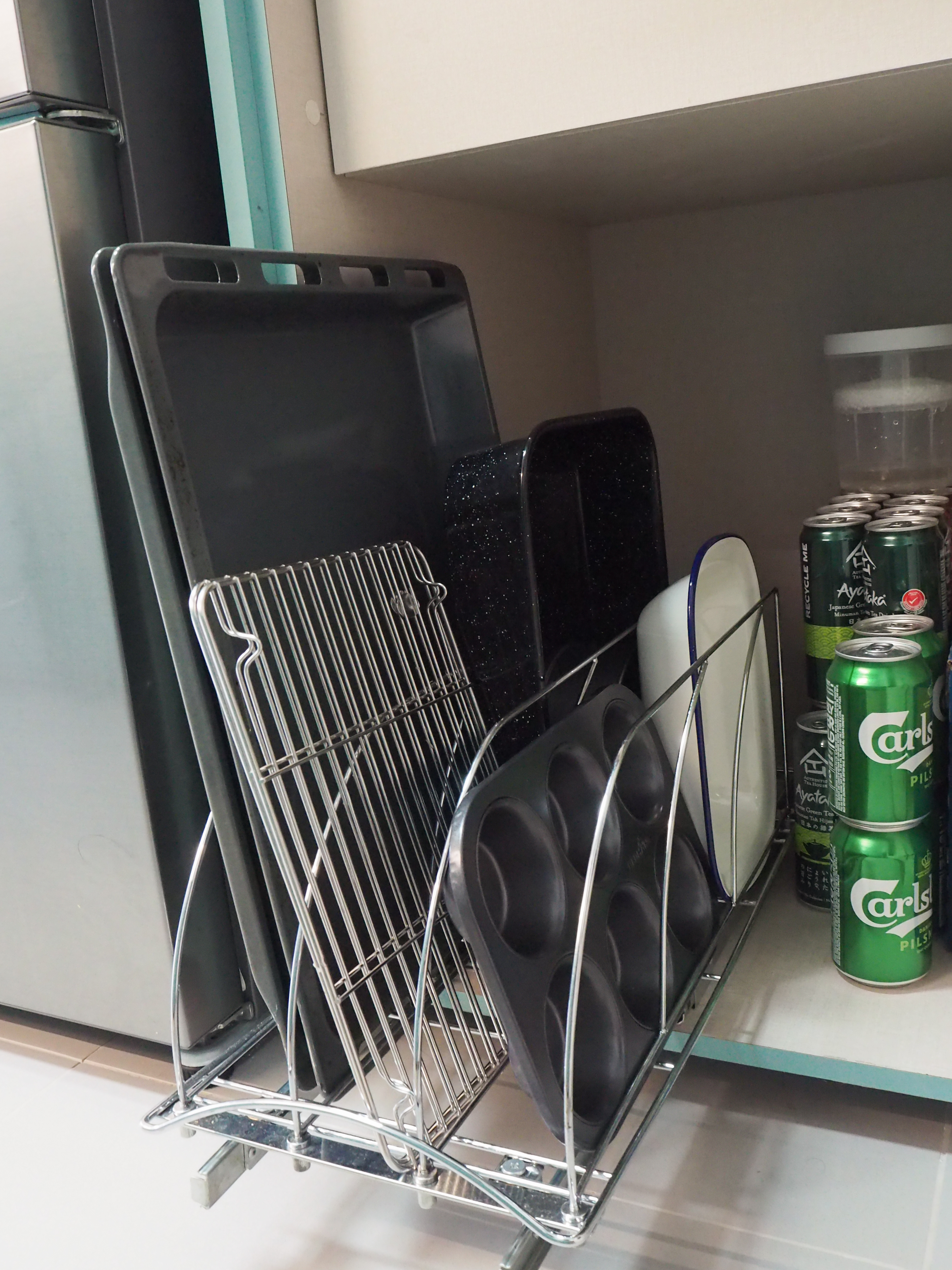 Our Galley Kitchen: 5 best reno decisions  - Refrigerator, kitchen, dish rack, stainless steel, metal rack, black tray, white