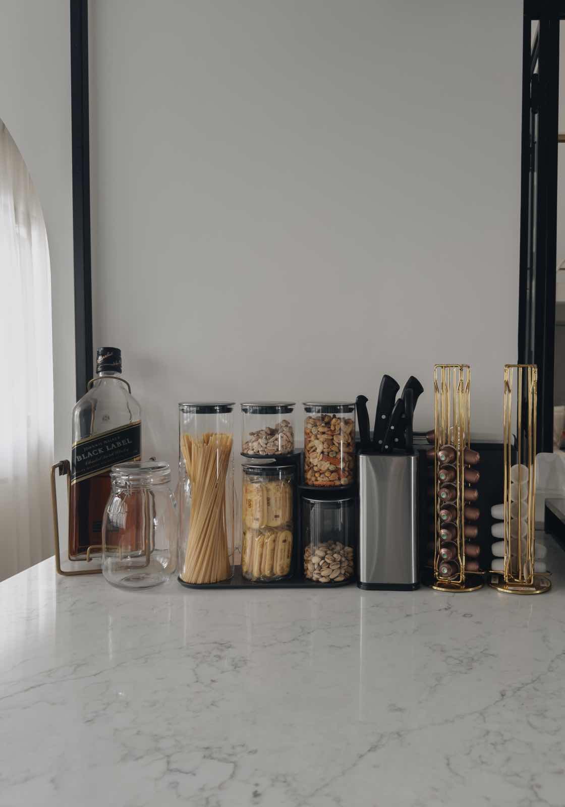Kitchen Alchemy: The Magic of My Open-Closed Concept Kitchen - Marble countertop, modern kitchen, glass jars, pasta, pasta