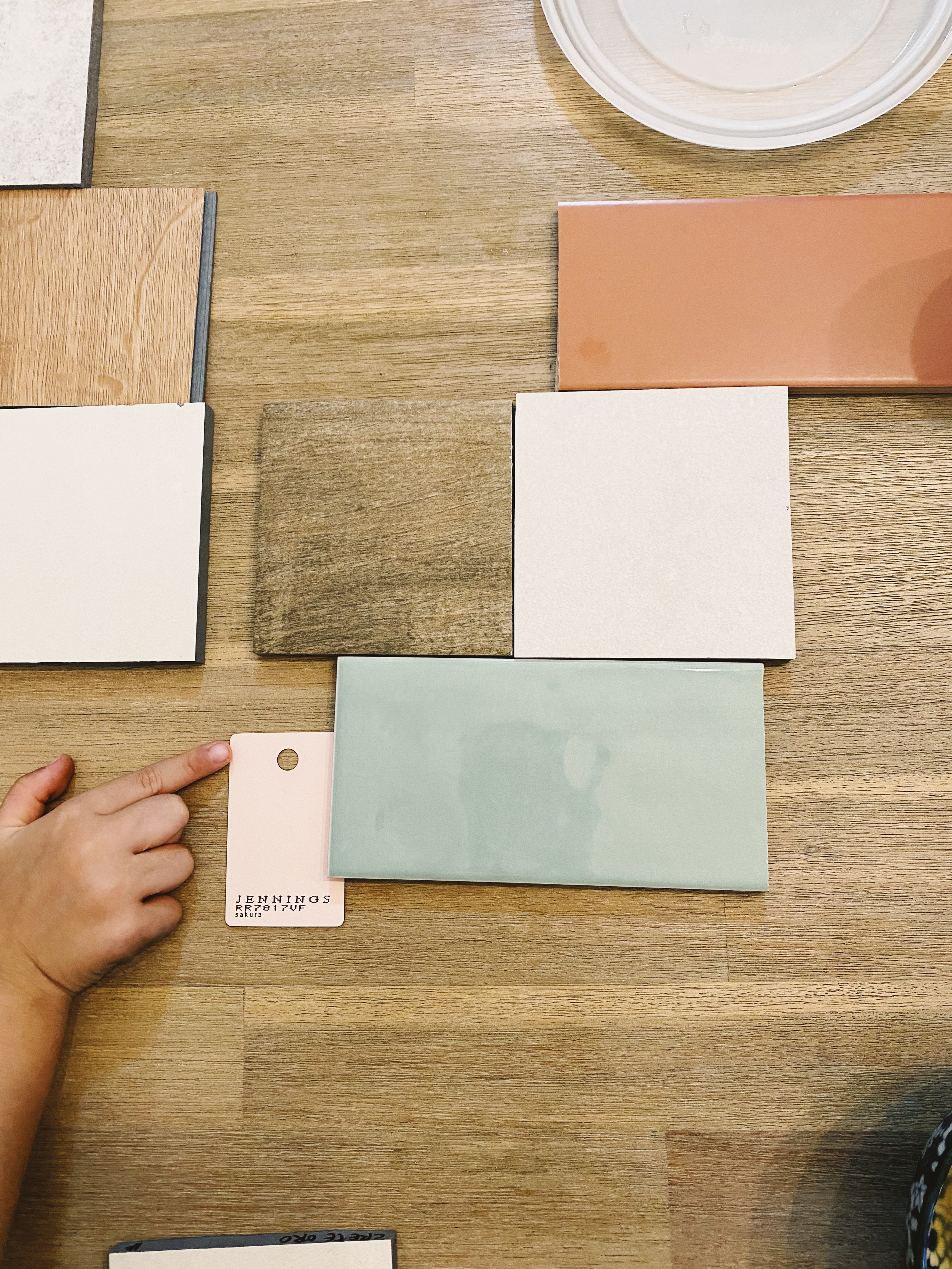 Our Bathrooms and their Personalities - Wooden surface, tile samples, tile selection, ceramic tile, wooden flooring, tile