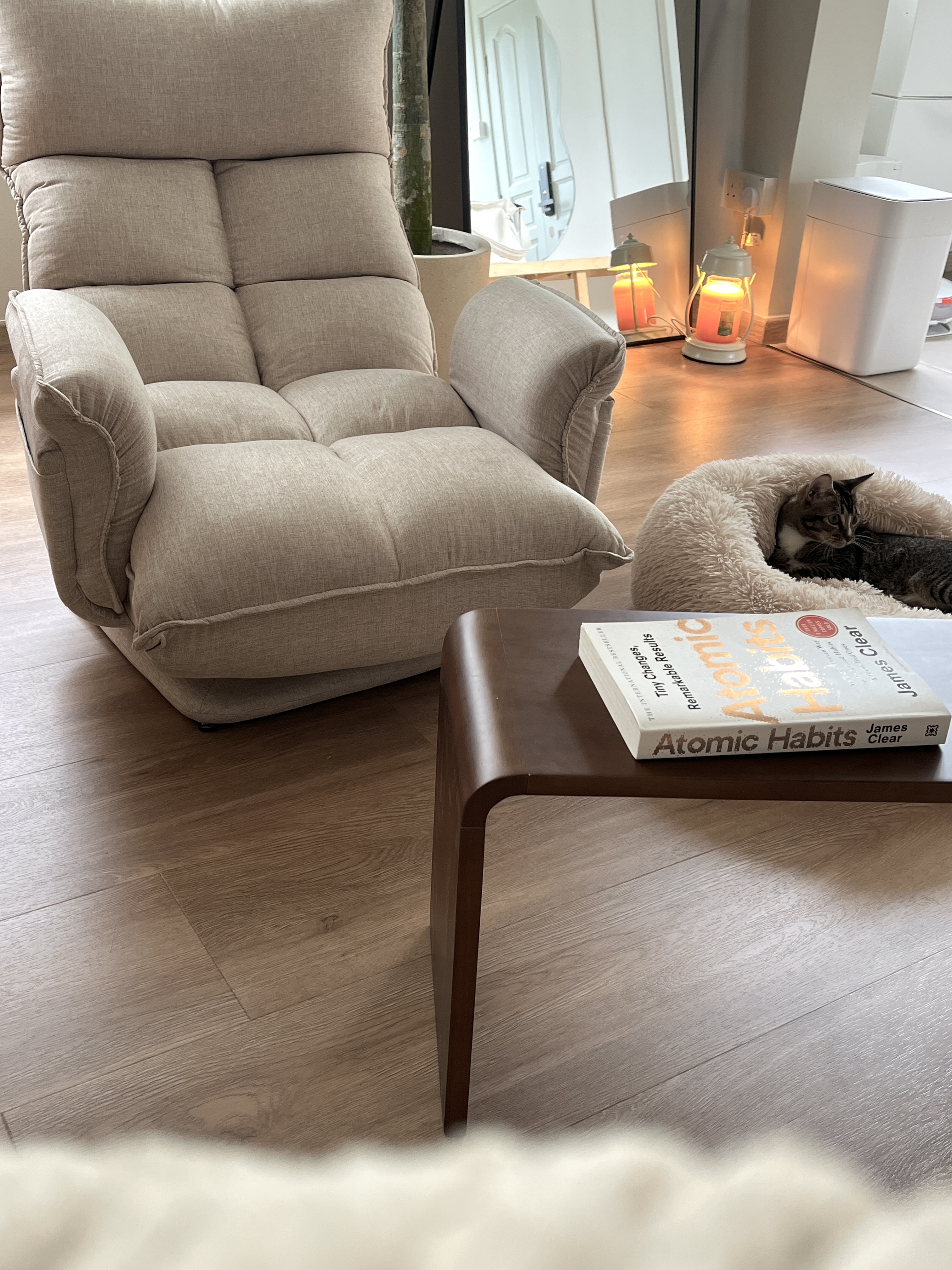 Cozy corner - Reminder to slow down and stay present - Lush, cozy, modern, minimalist, comfortable, plush, beige, recliner