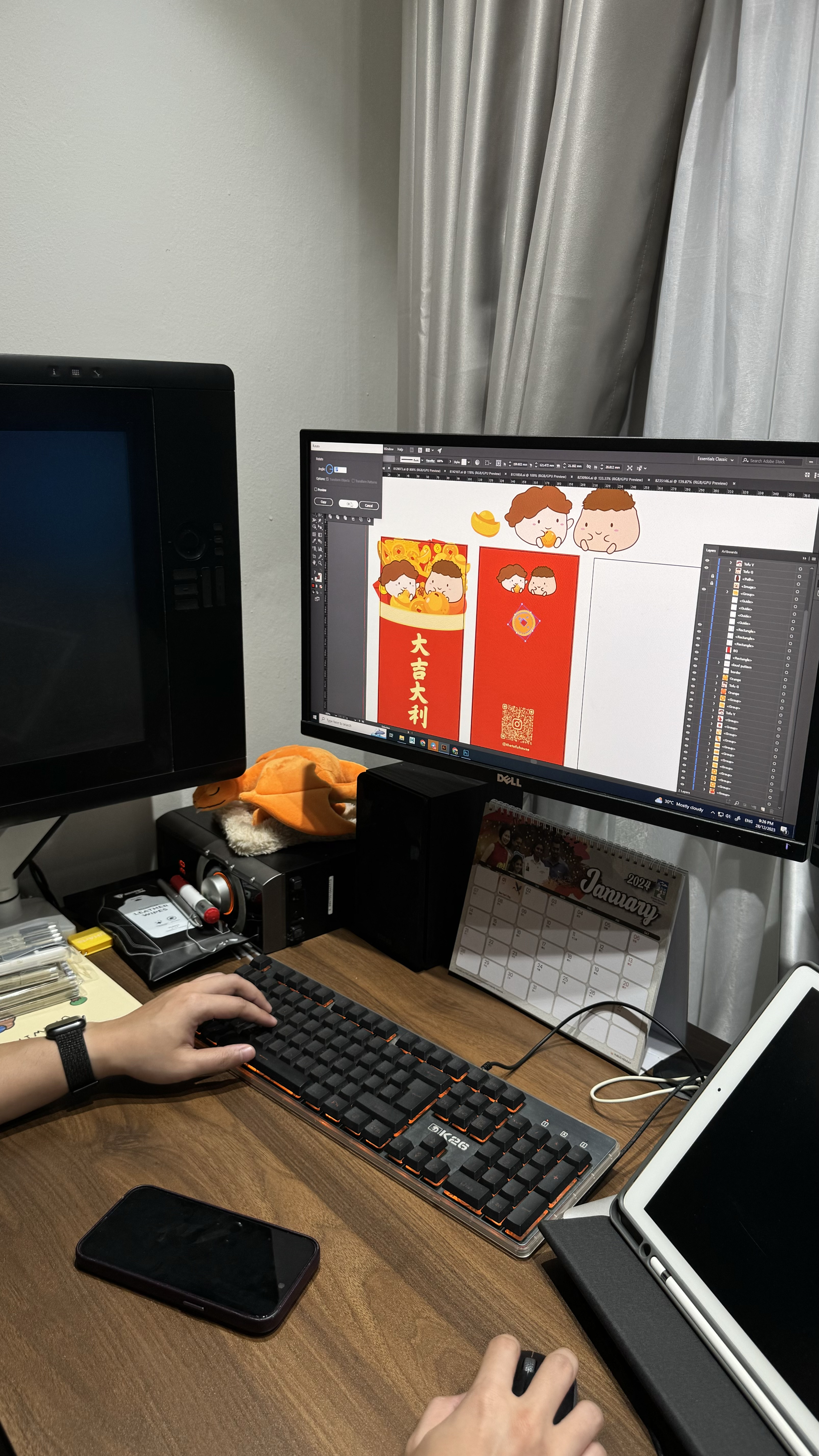 A tiny study room for the tiny tofus  - Computer screen, desktop setup, dual monitors, graphic design software, cartoon