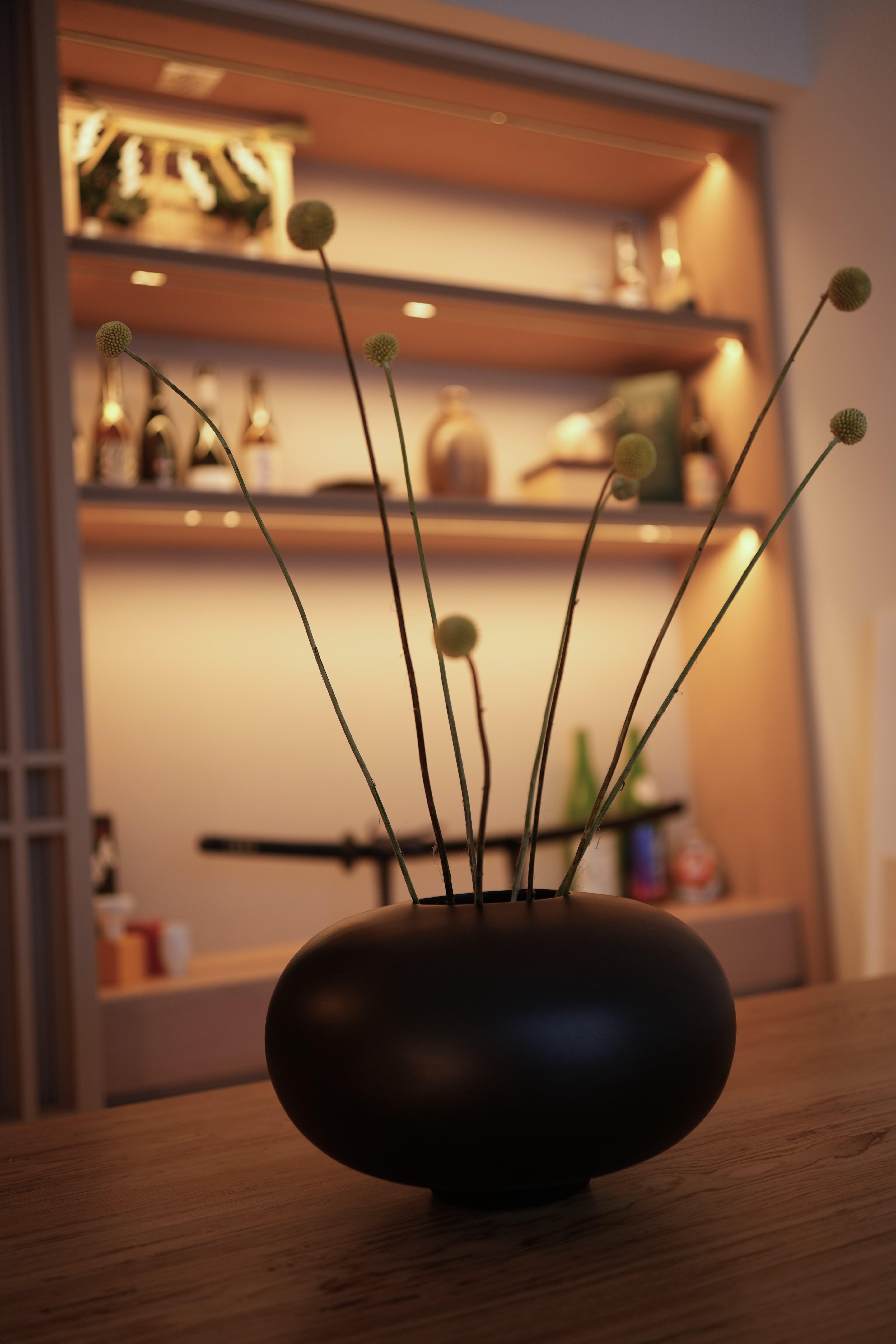 Choosing Lighting: Dimmables, Accents, Moods - vase, indoor, wooden table, black vase, green plants, indoor plants, indoor