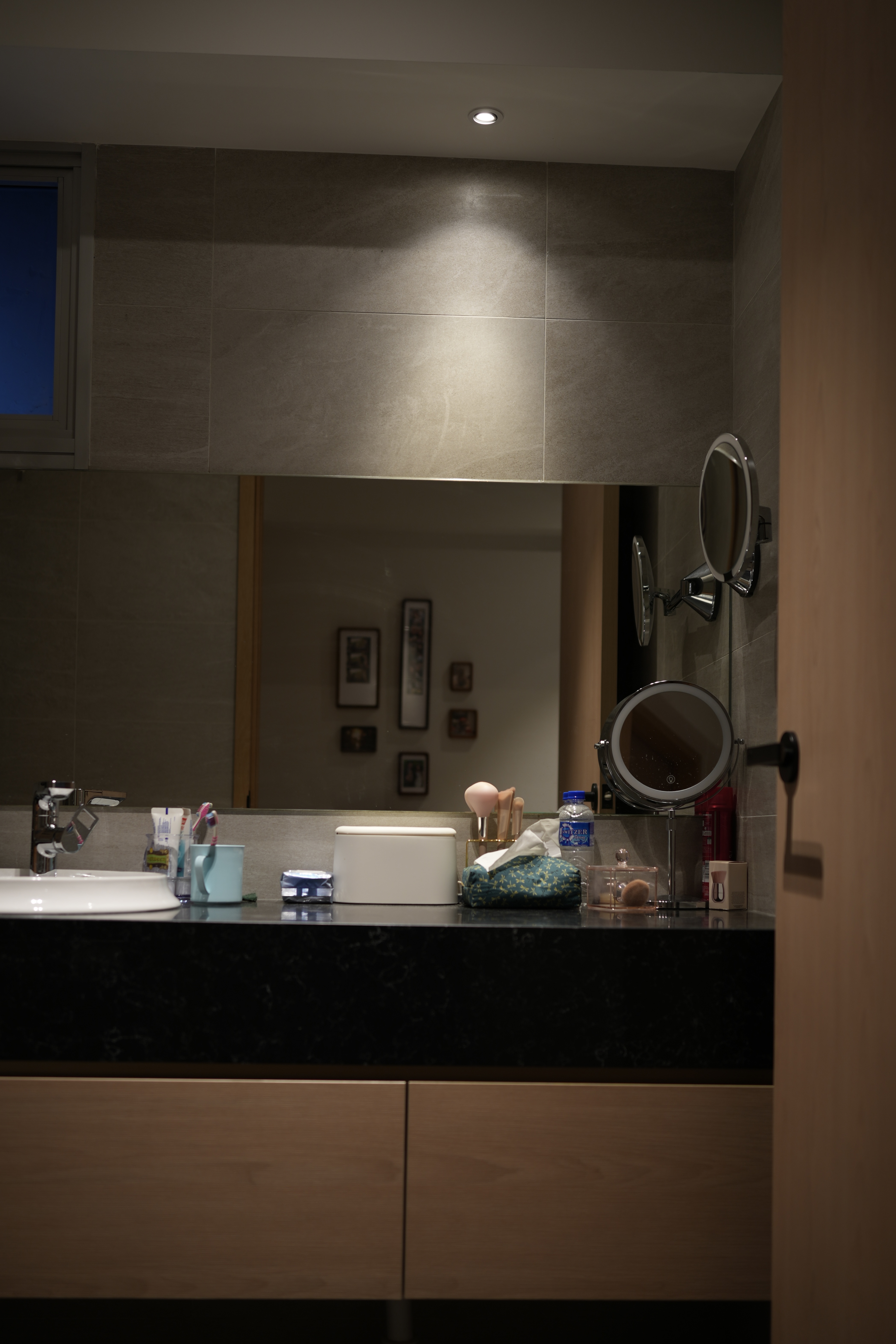 Choosing Lighting: Dimmables, Accents, Moods - Modern bathroom, sleek design, minimalist decor, large mirror, black